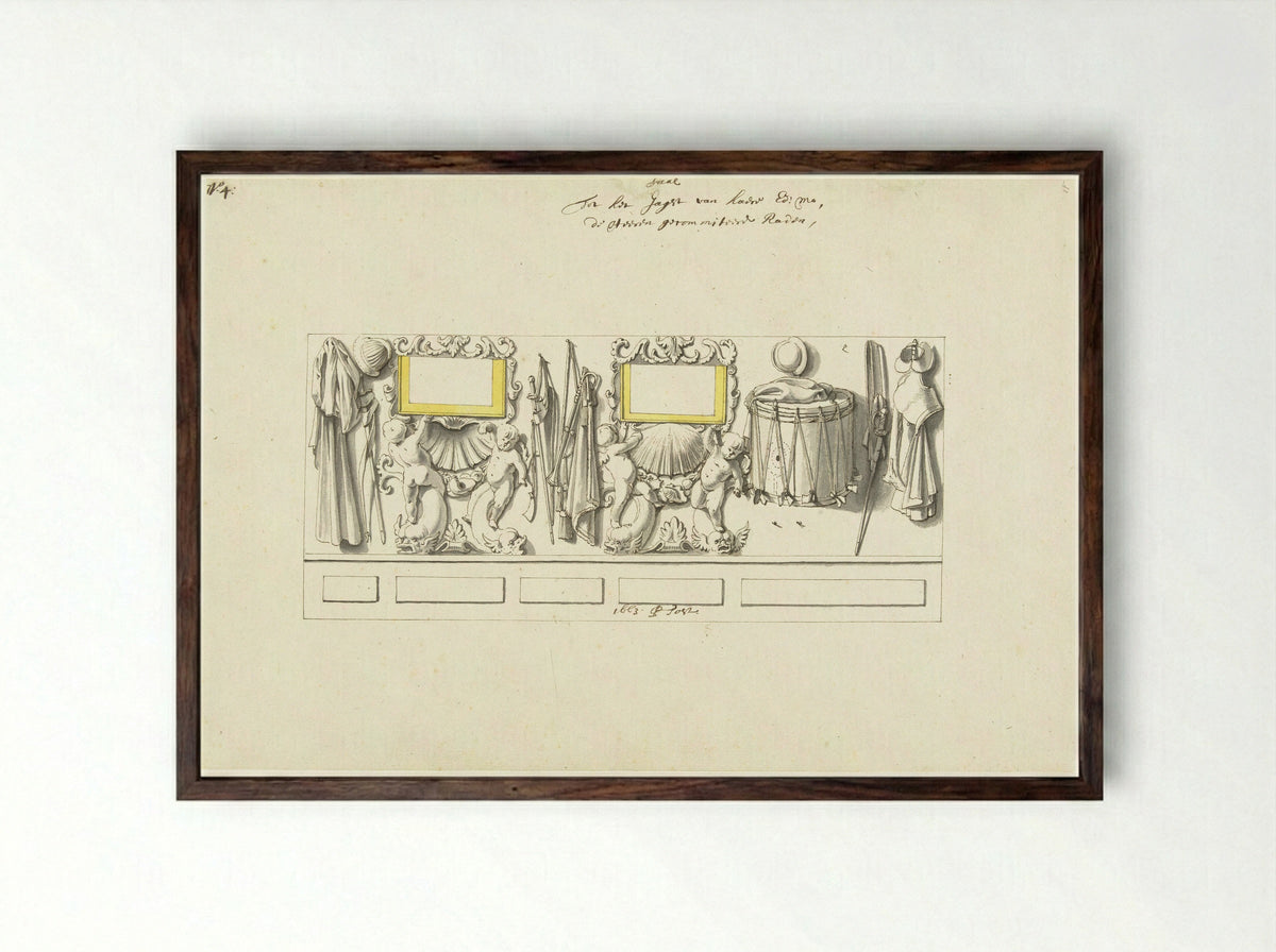 Interior Decoration for a State Yacht with Trophies - Pieter Jansz. Post - Framed Print Dark Wood