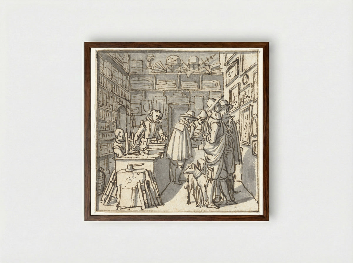 Interior of a Bookshop - Salomon de Bray - Framed Print Dark Wood