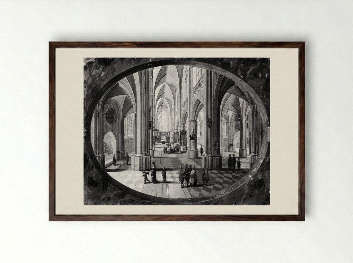 Interior of a Gothic Church by Day - Pieter Neeffs the Elder - Framed Print Dark Wood
