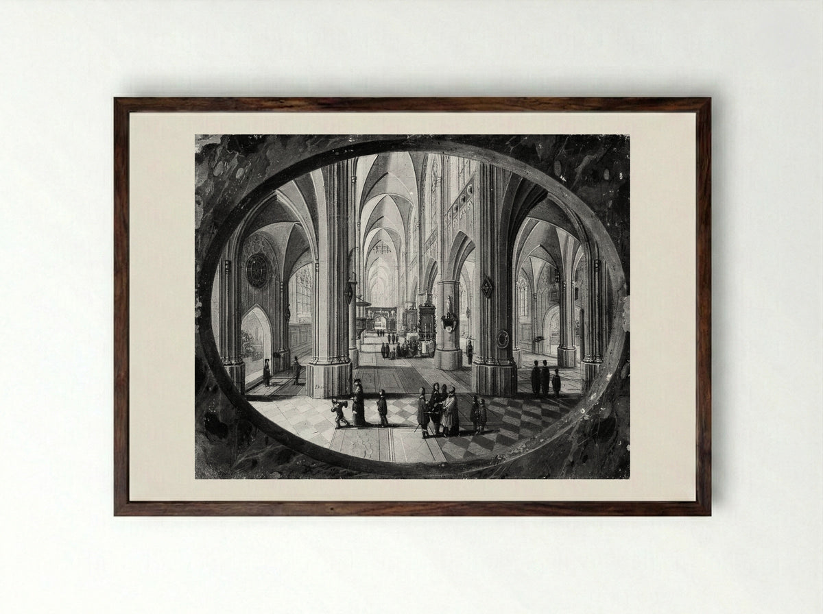 Interior of a Gothic Church by Day - Pieter Neeffs the Elder - Framed Print Dark Wood