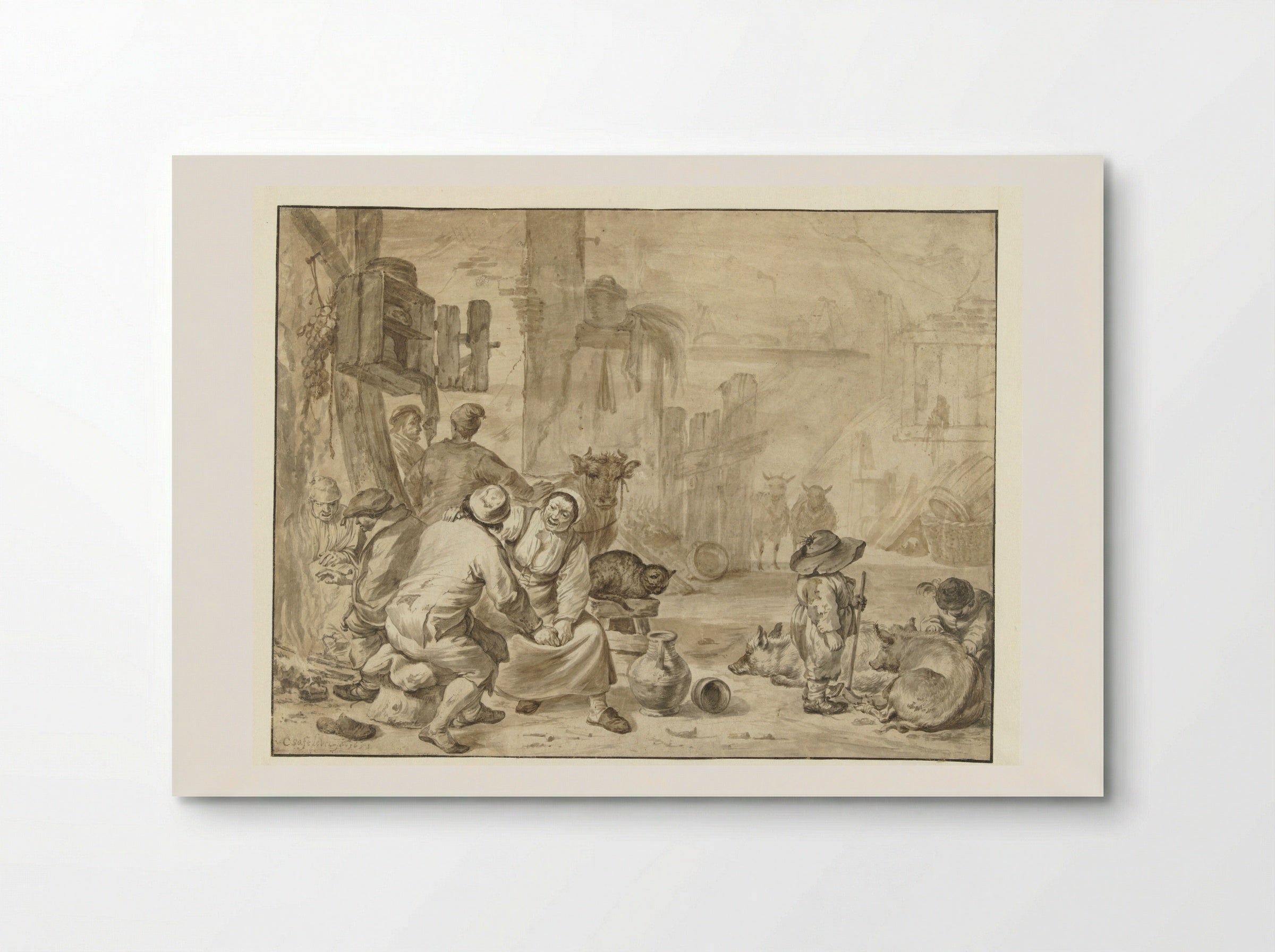 Interior of a Stable with Eight Figures - Cornelis Saftleven - Poster