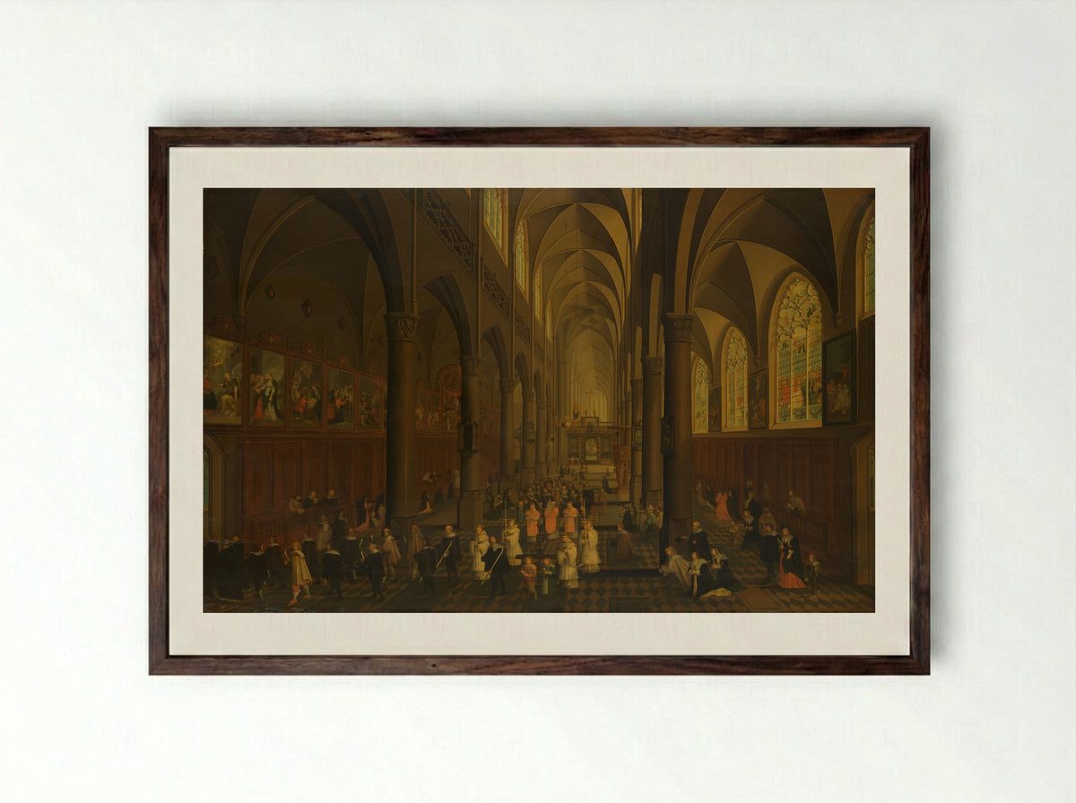 Interior of the Dominican Church in Antwerp - Peeter Neeffs (I) - Framed Print Dark Wood