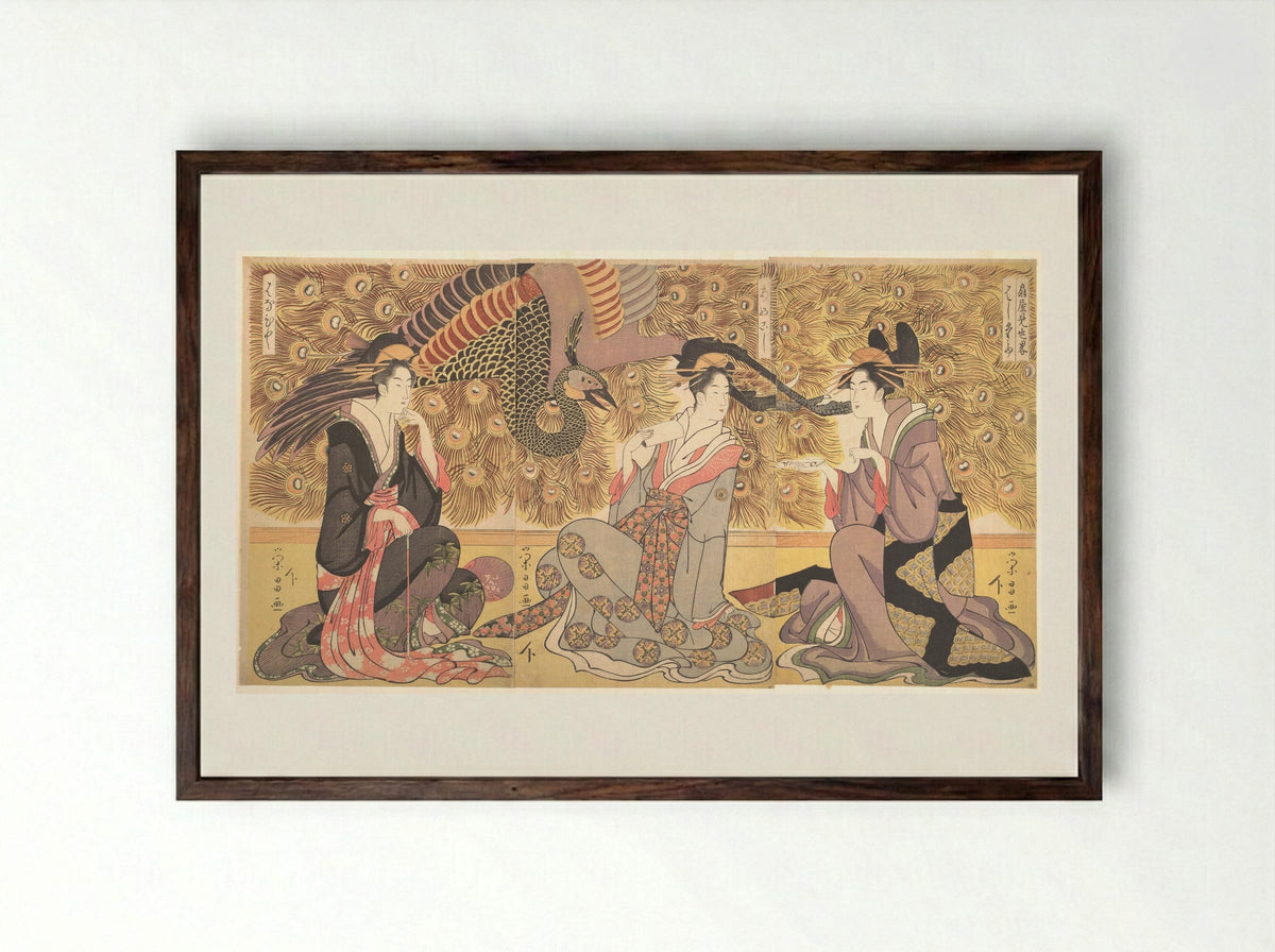Interior of the House called Ōgiya - Chōkōsai Eishō - Framed Print Dark Wood