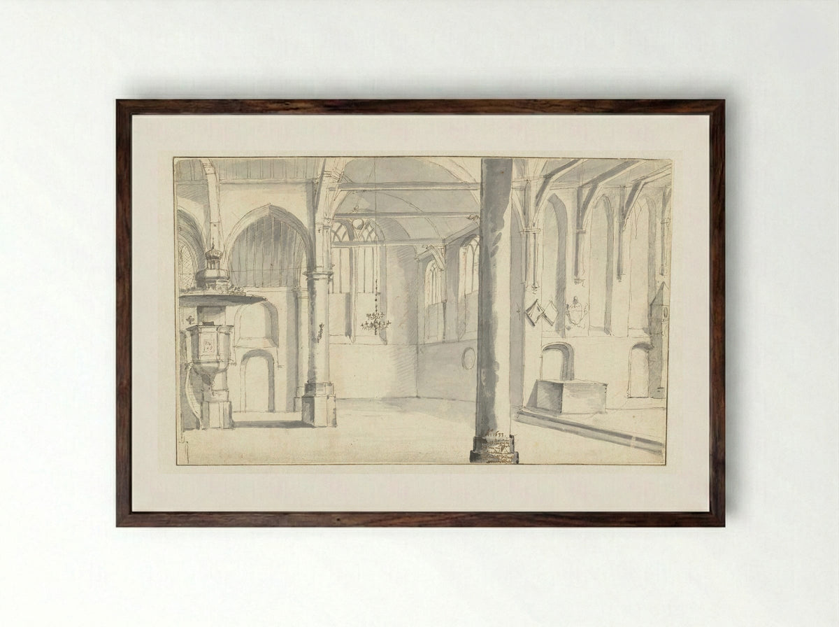 Interior of the Sint-Odulphuskerk in Assendelft - Pieter Jansz Saenredam - Framed Print Dark Wood