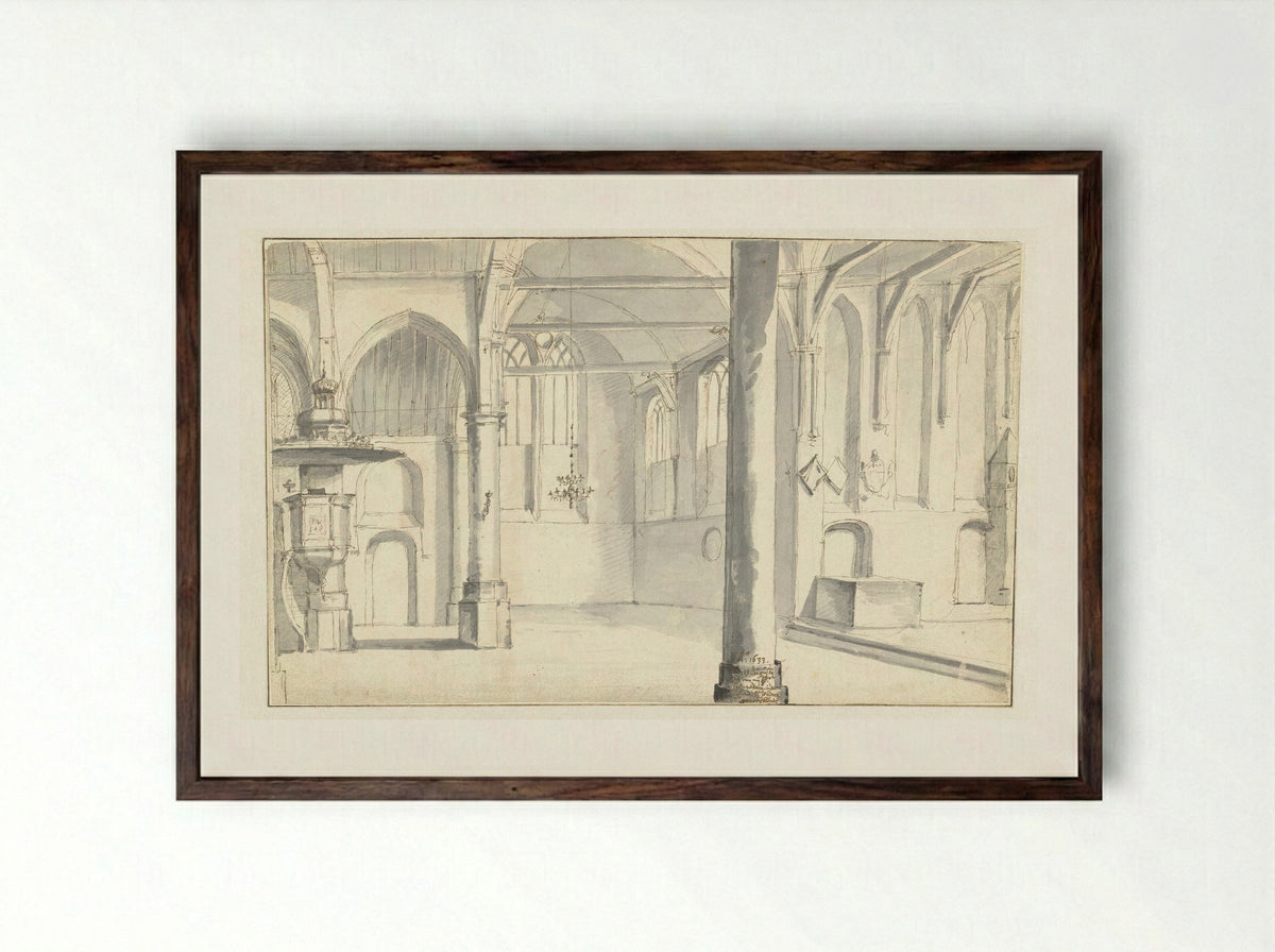 Interior of the Sint-Odulphuskerk in Assendelft - Pieter Jansz Saenredam - Framed Print Dark Wood