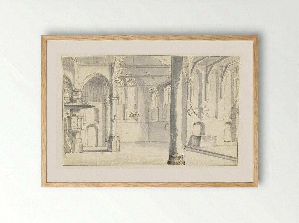 Interior of the Sint-Odulphuskerk in Assendelft - Pieter Jansz Saenredam - Framed Print Wood