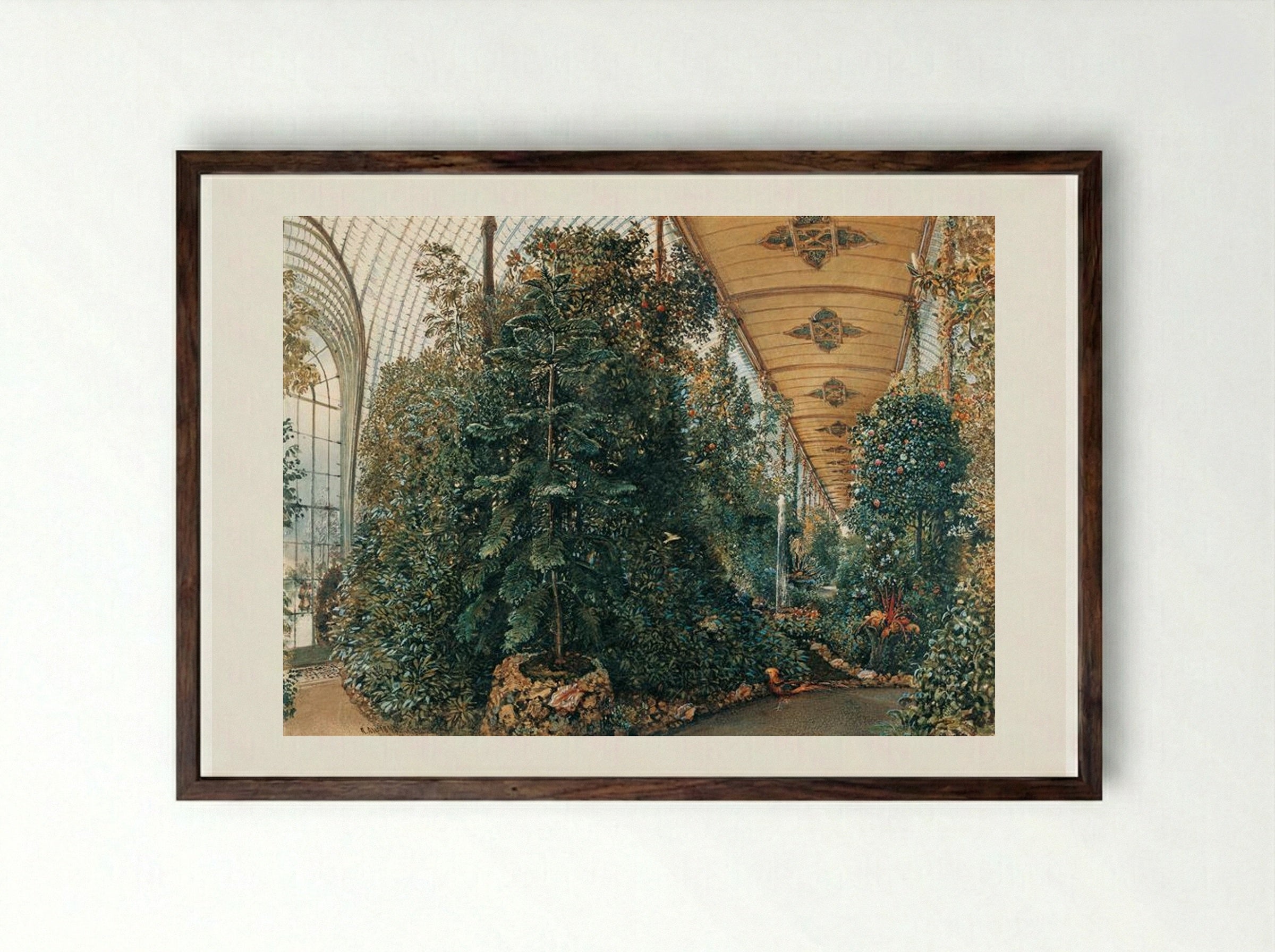 Interior view of the Palm House of Lednice Castle - Rudolf von Alt - Framed Print Dark Wood