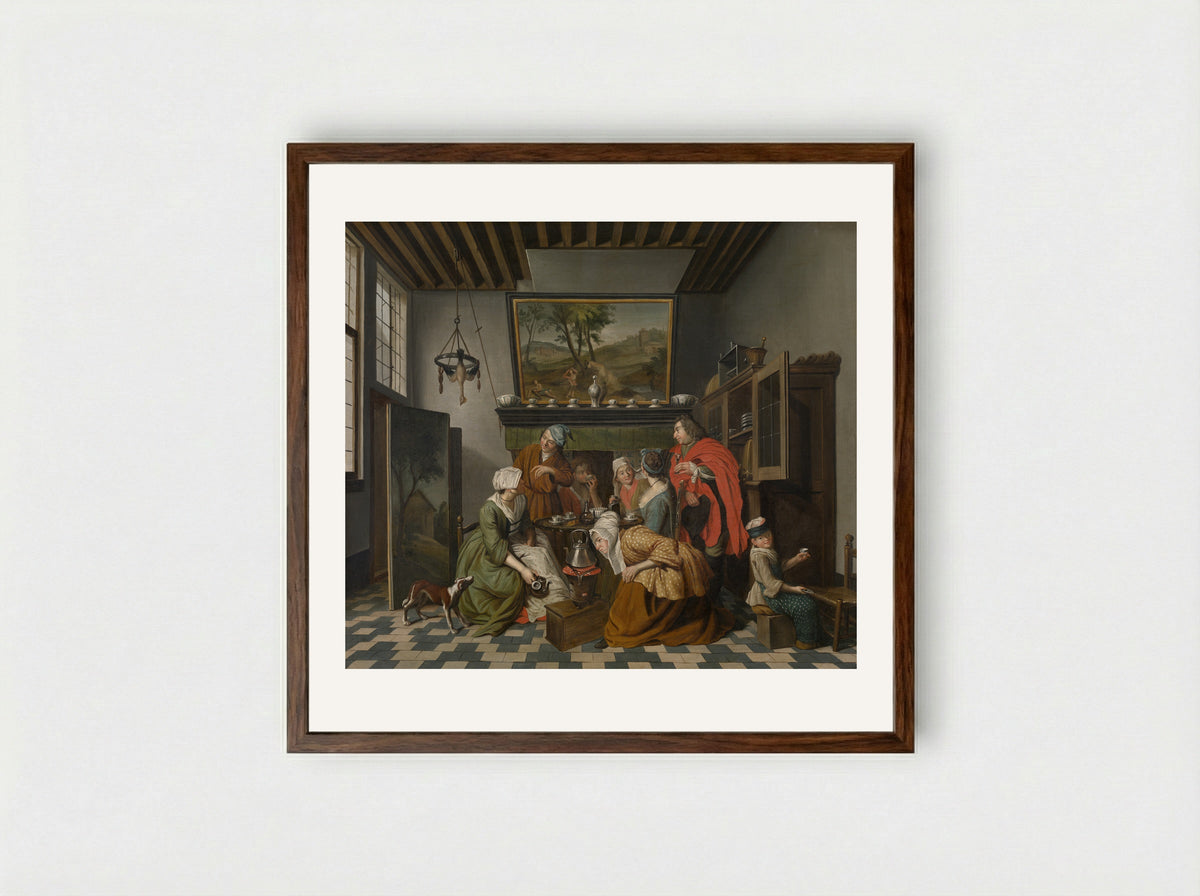 Interior with Figures Drinking Tea - Jan Josef Horemans the Younger - Framed Print Dark Wood
