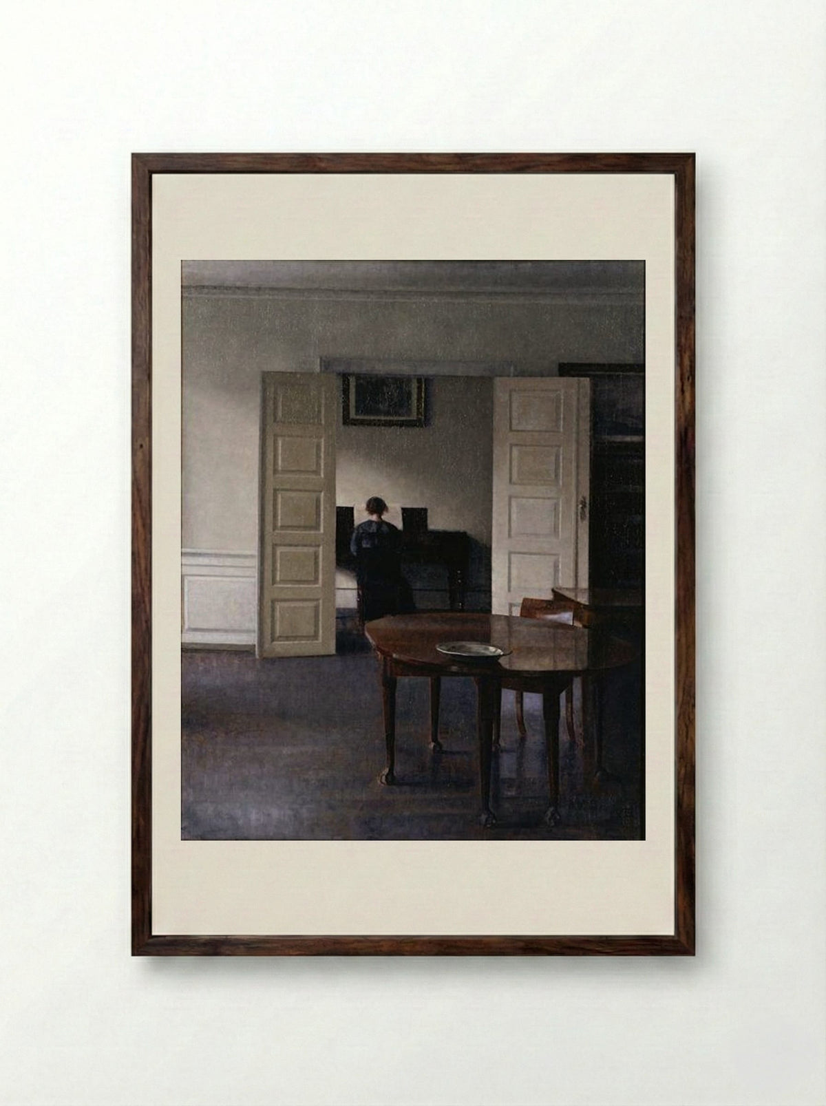 Interior with Ida Playing the Piano - Vilhelm Hammershoi - Framed Print Dark Wood