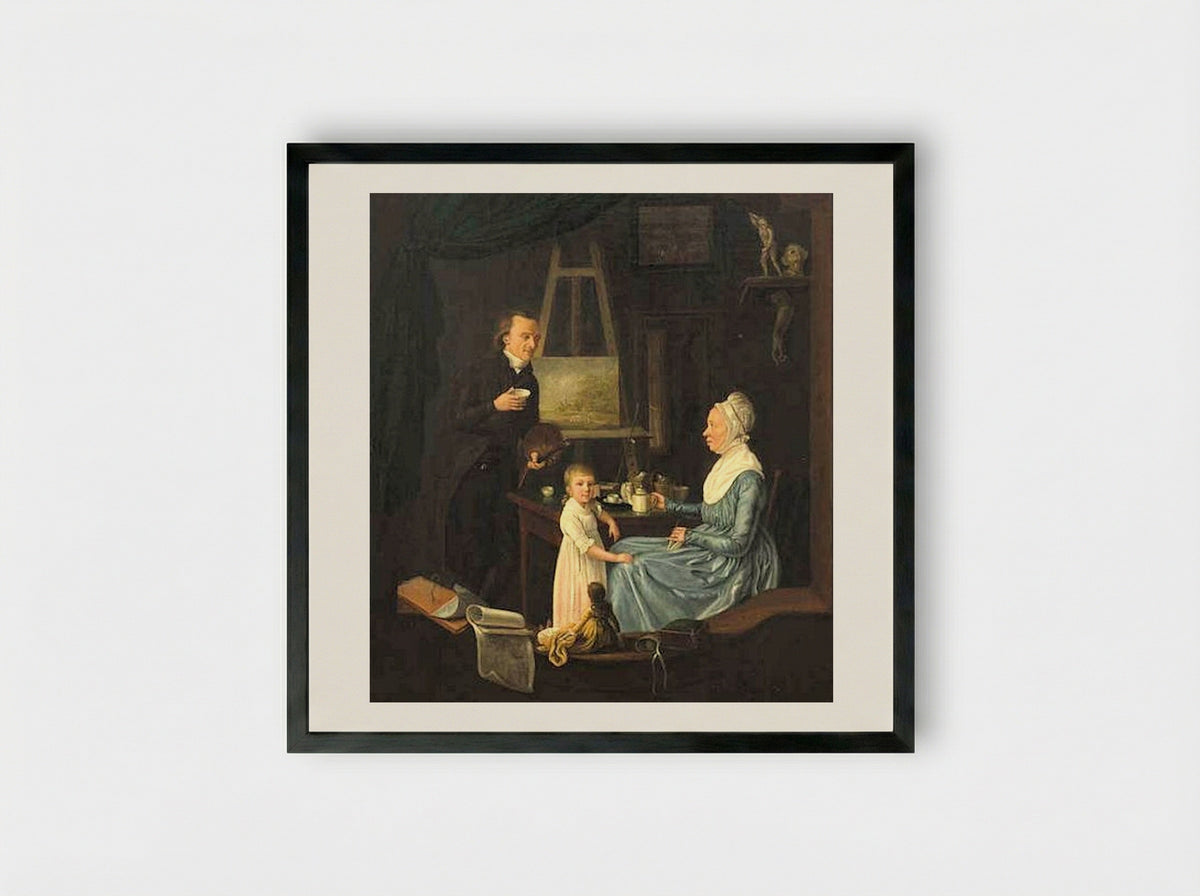 Interior with Sewing Woman, Maid and Playing Child - Hendrik Jan van Amerom - Framed Print Black