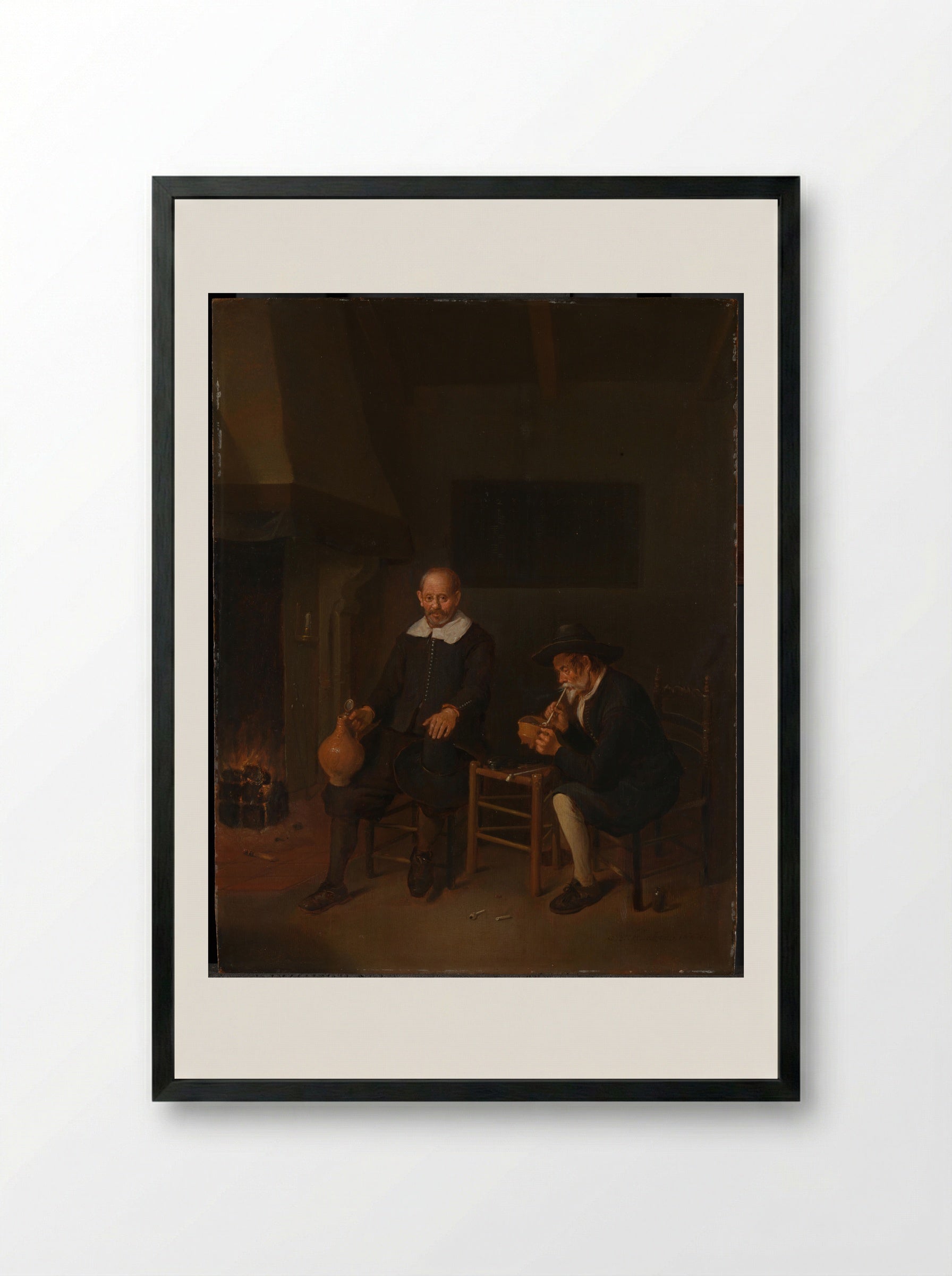 Interior with Two Men by the Fire - Quiringh Gerritsz. van Brekelenkam - Framed Print Black