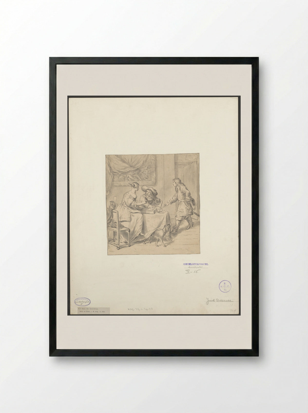 Interior with Two Players at a Backgammon Board - Jacob Ochtervelt - Framed Print Black