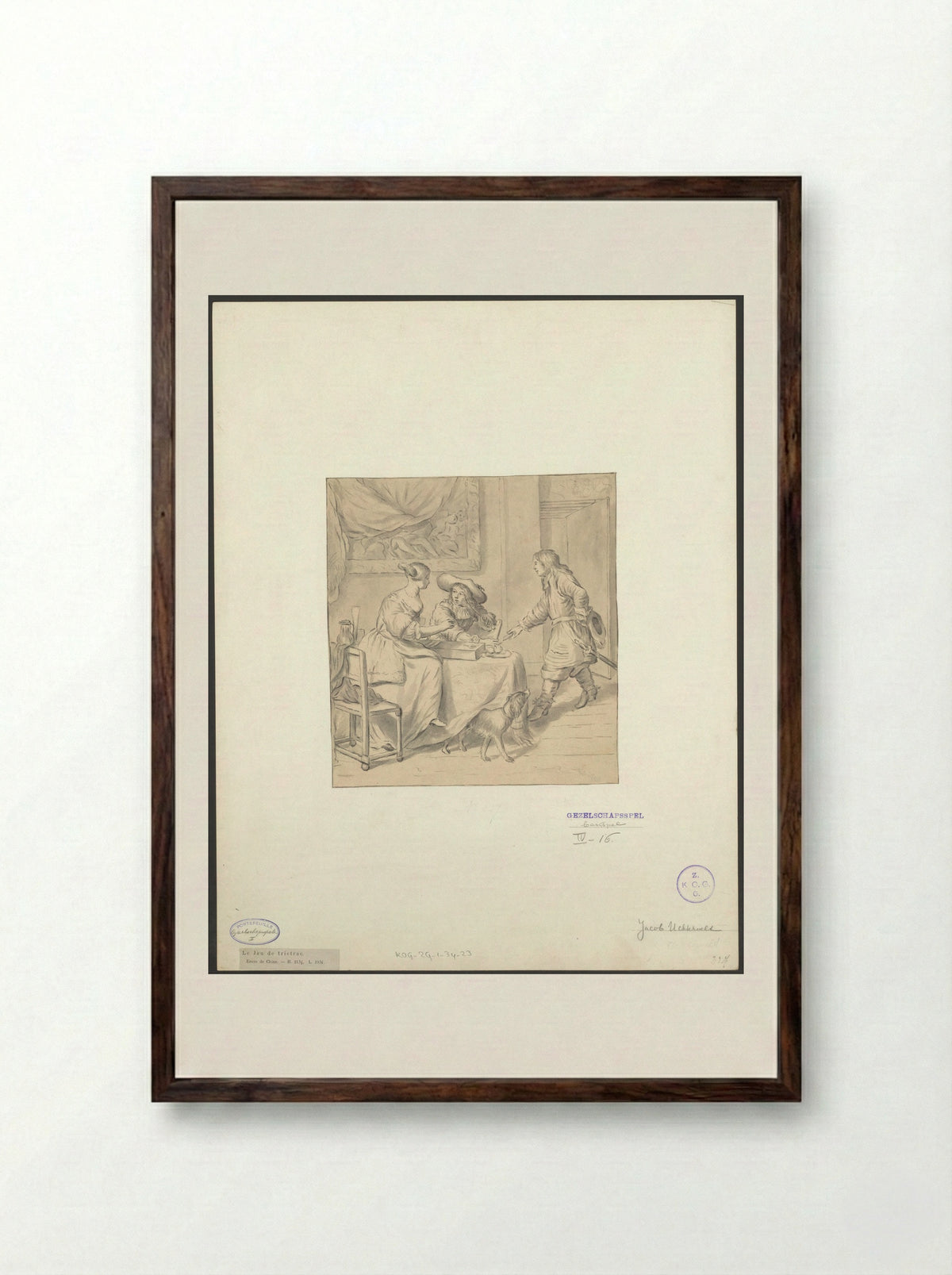 Interior with Two Players at a Backgammon Board - Jacob Ochtervelt - Framed Print Dark Wood