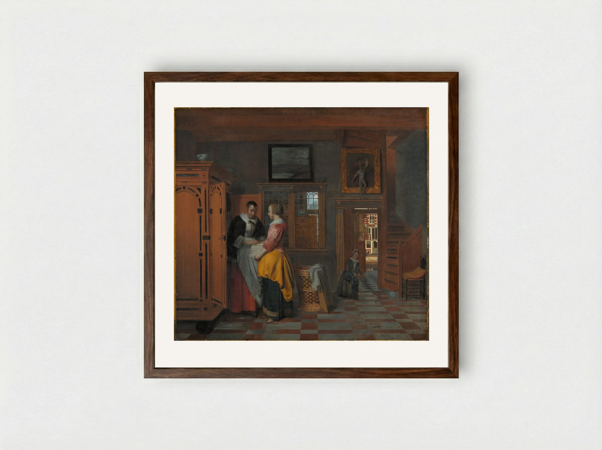 Interior with Women beside a Linen Cupboard - Pieter de Hooch - Framed Print Dark Wood