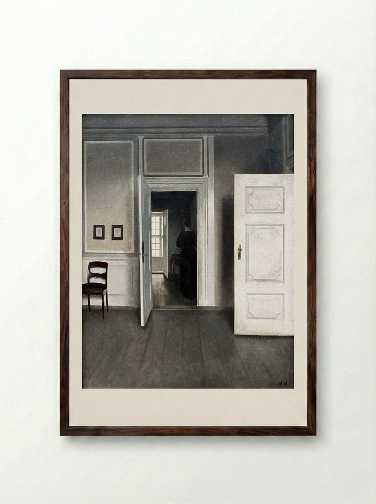 Interior with Young Woman Seen from the Back - Vilhelm Hammershøi - Framed Print Dark Wood