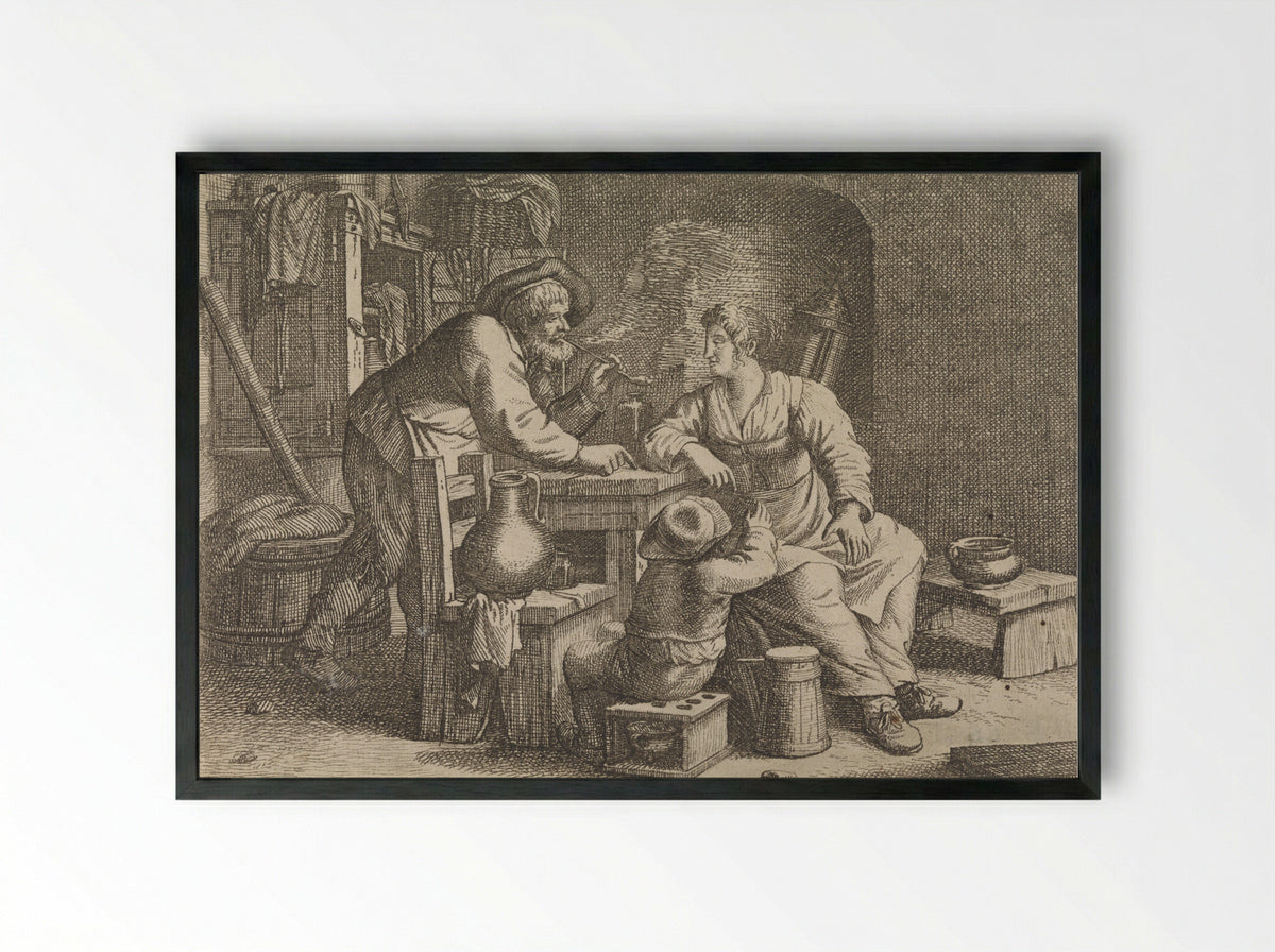 Interior with a Smoking Peasant, a Woman and a Boy - Justus van den Nijpoort - Framed Print Black