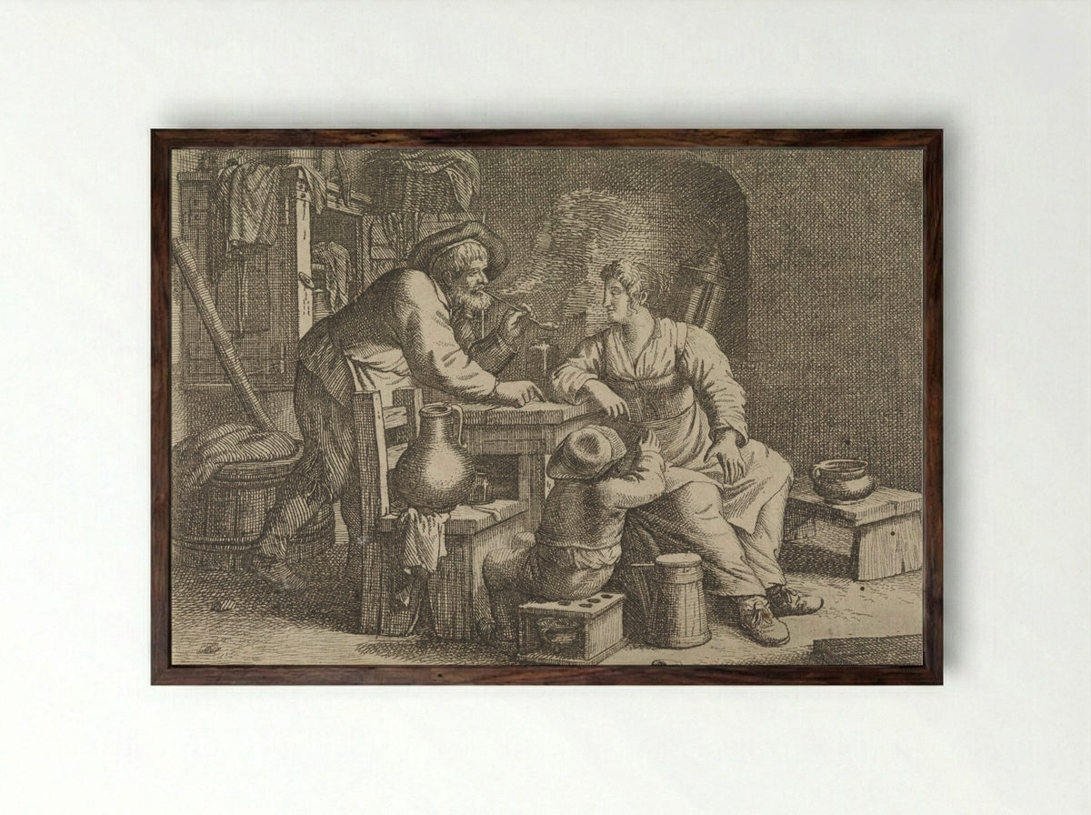 Interior with a Smoking Peasant, a Woman and a Boy - Justus van den Nijpoort - Framed Print Dark Wood