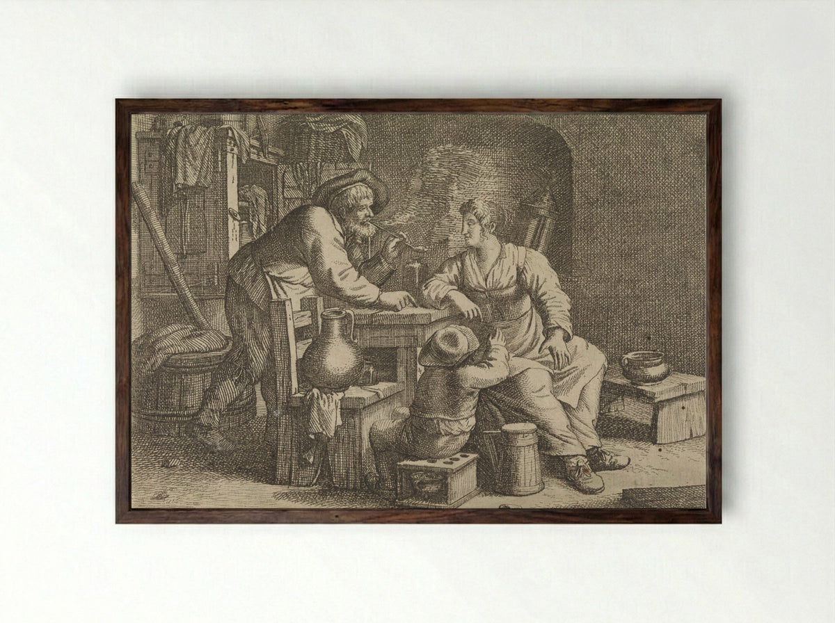 Interior with a Smoking Peasant, a Woman and a Boy - Justus van den Nijpoort - Framed Print Dark Wood