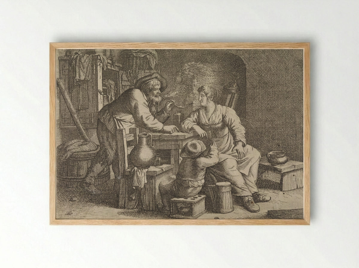 Interior with a Smoking Peasant, a Woman and a Boy - Justus van den Nijpoort - Framed Print Wood