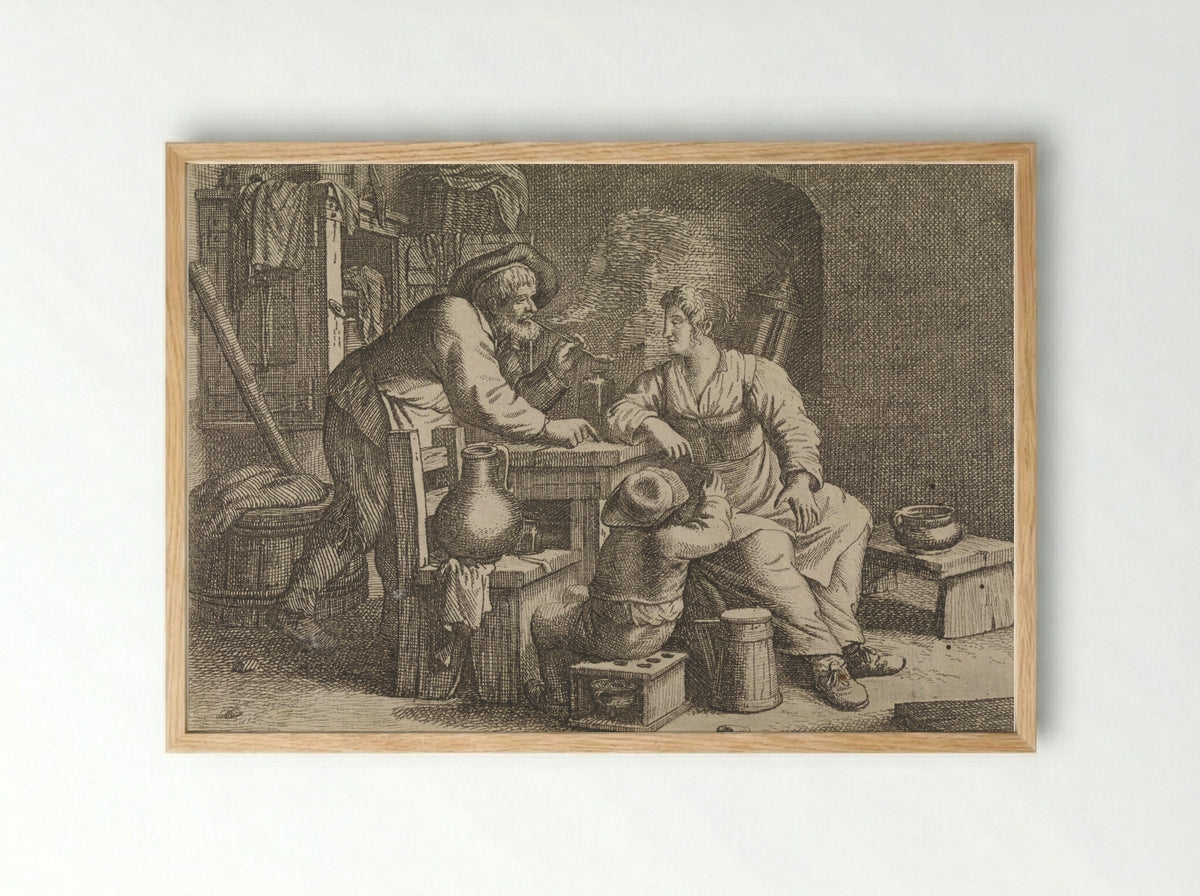 Interior with a Smoking Peasant, a Woman and a Boy - Justus van den Nijpoort - Framed Print Wood
