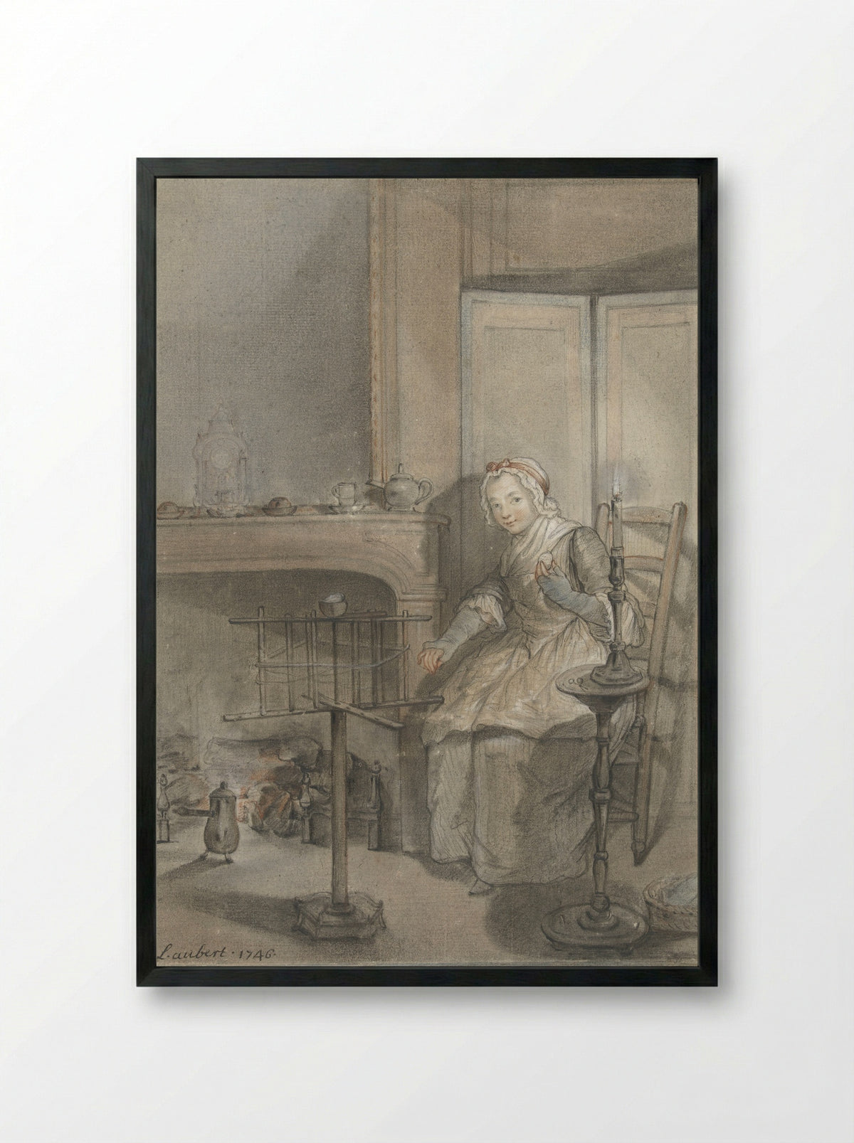 Interior with a Young Woman Winding Wool - Louis Aubert - Framed Print Black