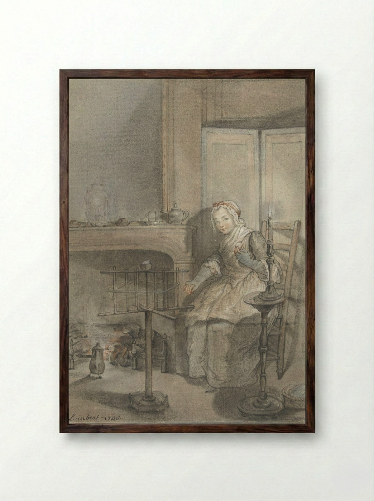 Interior with a Young Woman Winding Wool - Louis Aubert - Framed Print Dark Wood