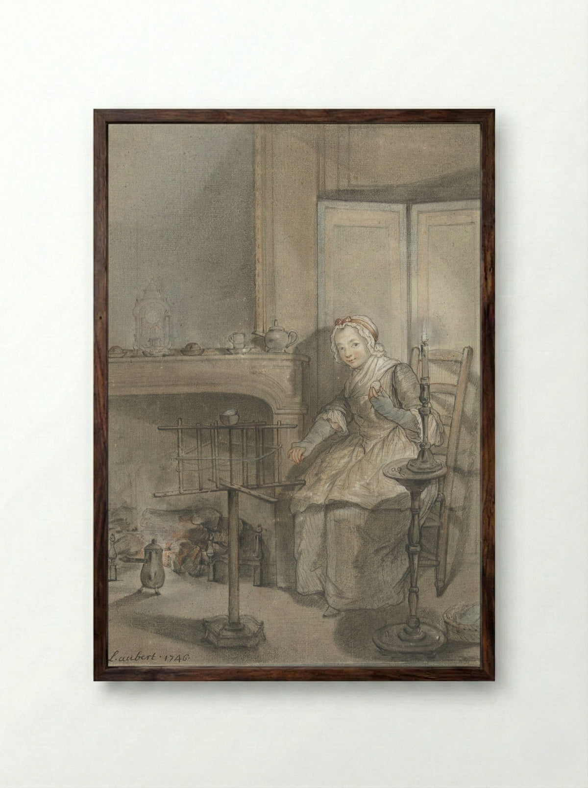 Interior with a Young Woman Winding Wool - Louis Aubert - Framed Print Dark Wood