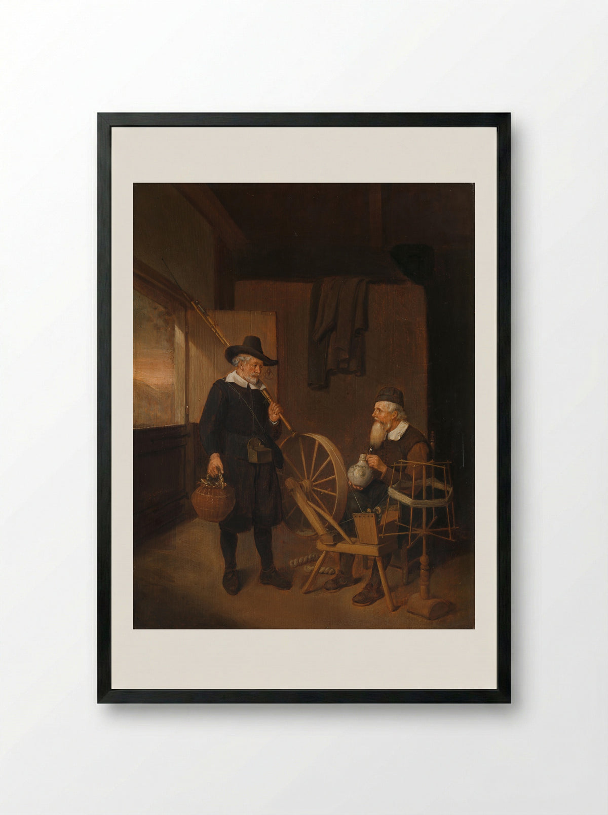 Interior with an Angler and a Man at a Spinning Wheel - Quiringh Gerritsz. van Brekelenkam - Framed Print Black