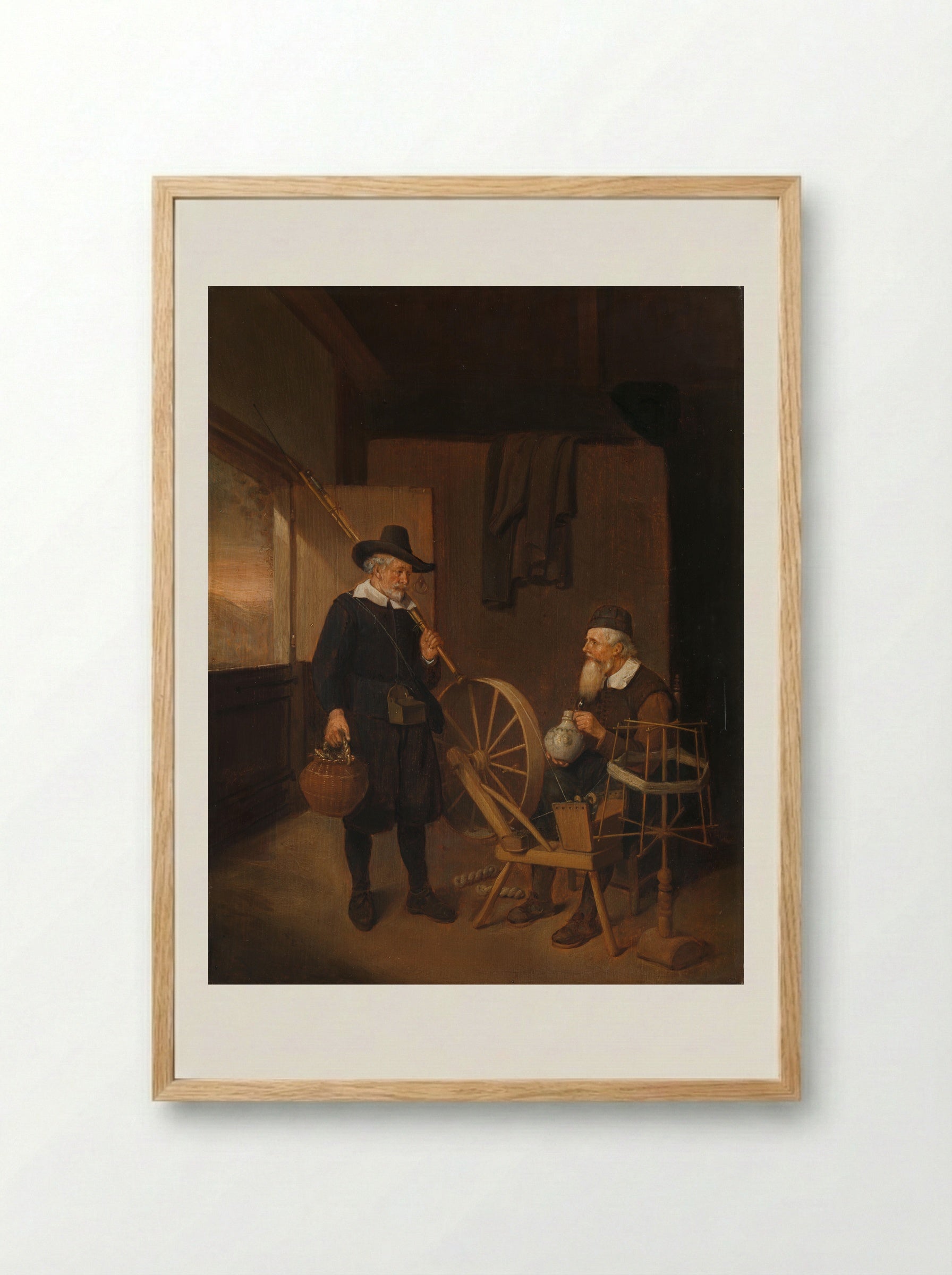 Interior with an Angler and a Man at a Spinning Wheel - Quiringh Gerritsz. van Brekelenkam - Framed Print Wood