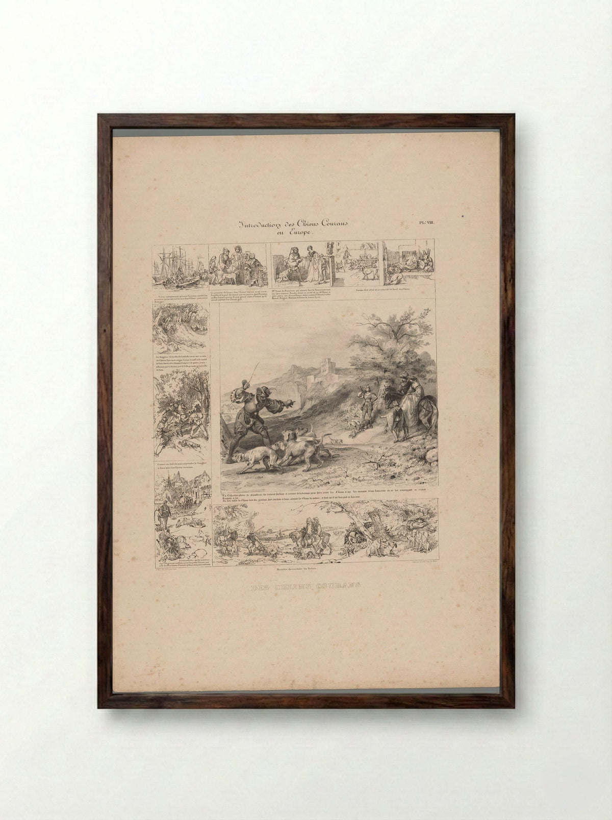 Introduction des Chiens Courans en Europe - Charles Aubry - Framed Print Dark Wood