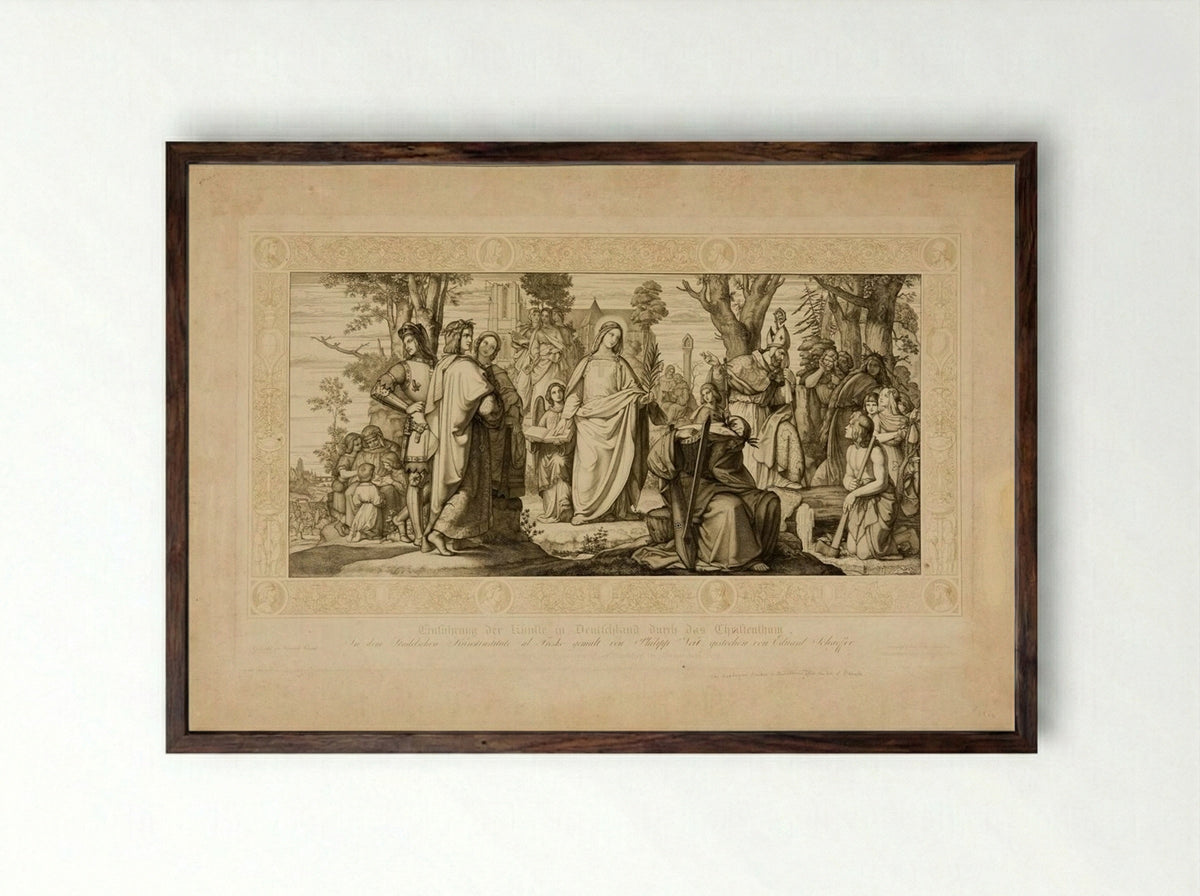 Introduction of the Fine Arts into Germany through Christianity - Eugen Eduard Schäffer - Framed Print Dark Wood