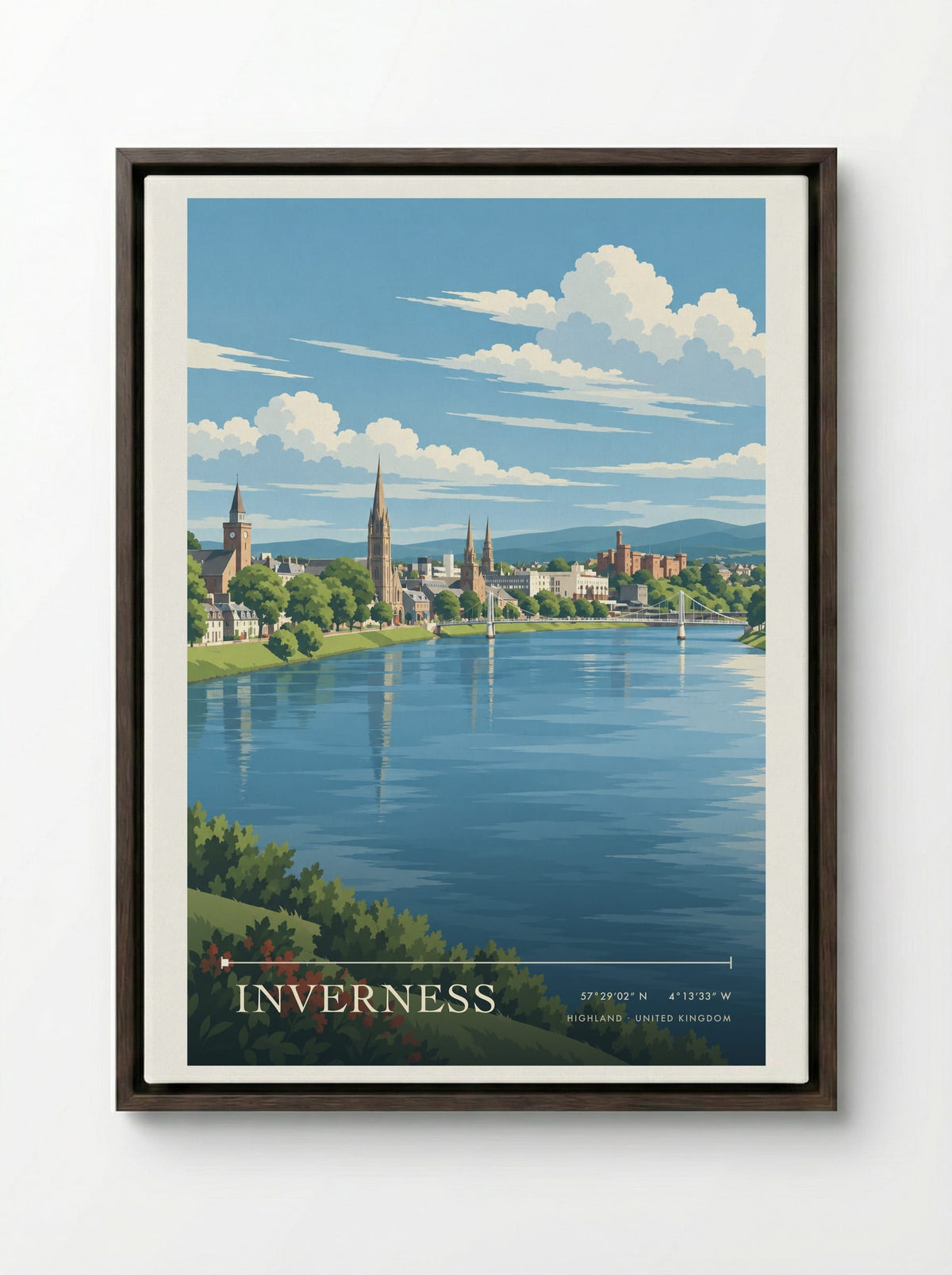 Inverness, Highland | Travel Poster - Framed Canvas Dark Wood