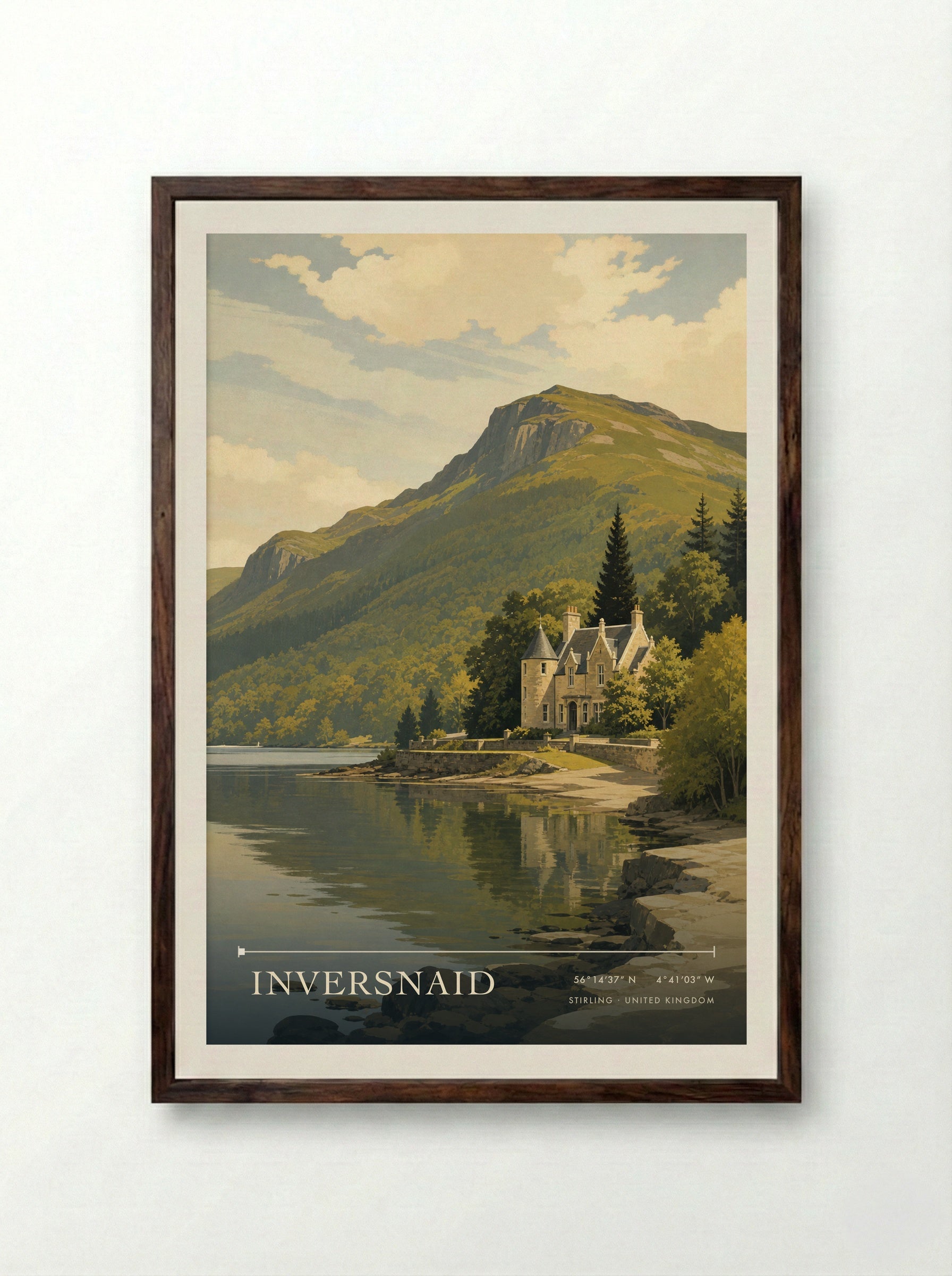 Inversnaid Stirling United Kingdom Travel Poster - Framed Print Dark Wood