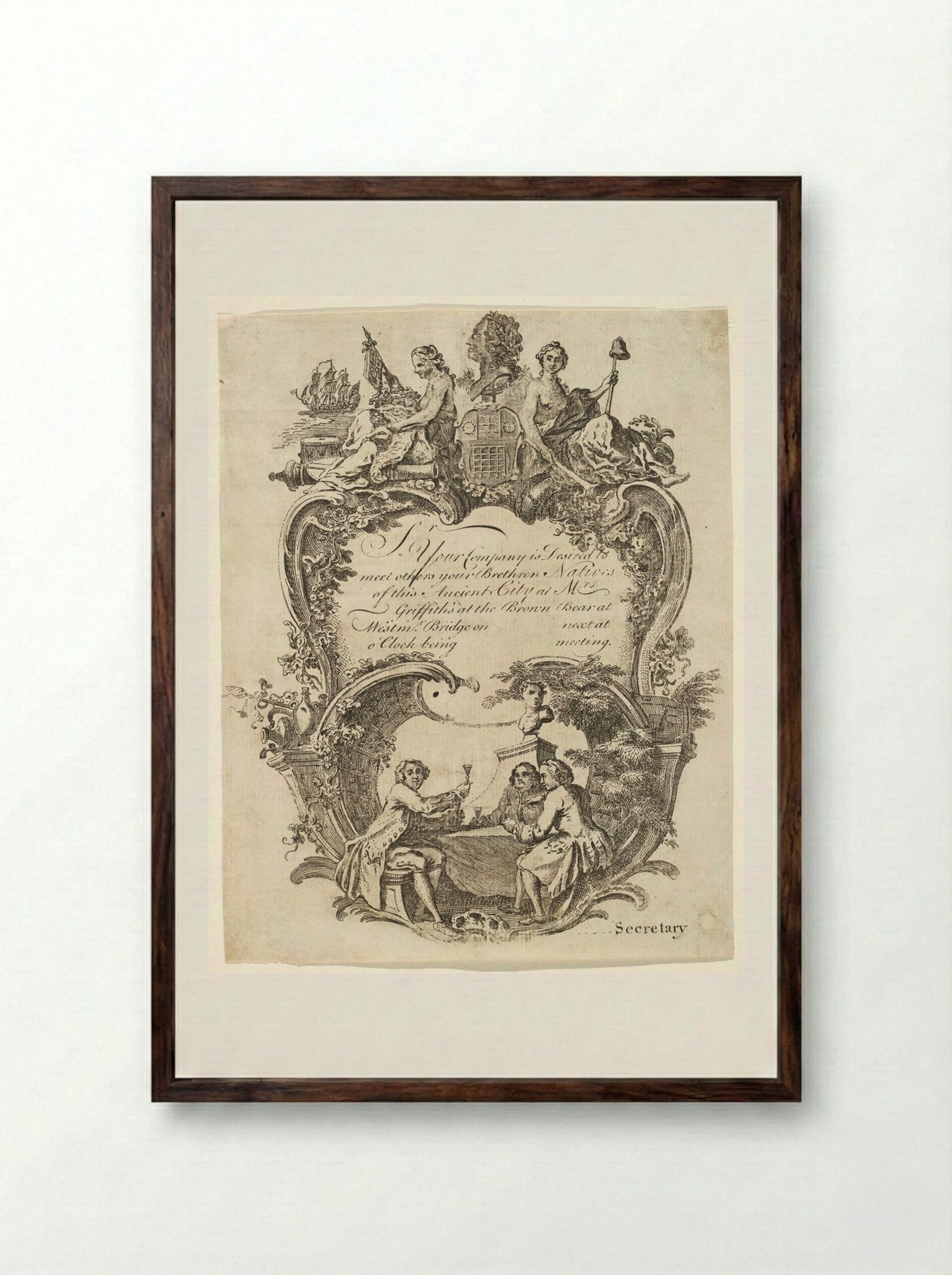 Invitation to a Meeting of the Brethren Natives of Westminster - Hubert François Bourguignon Gravelot - Framed Print Dark Wood