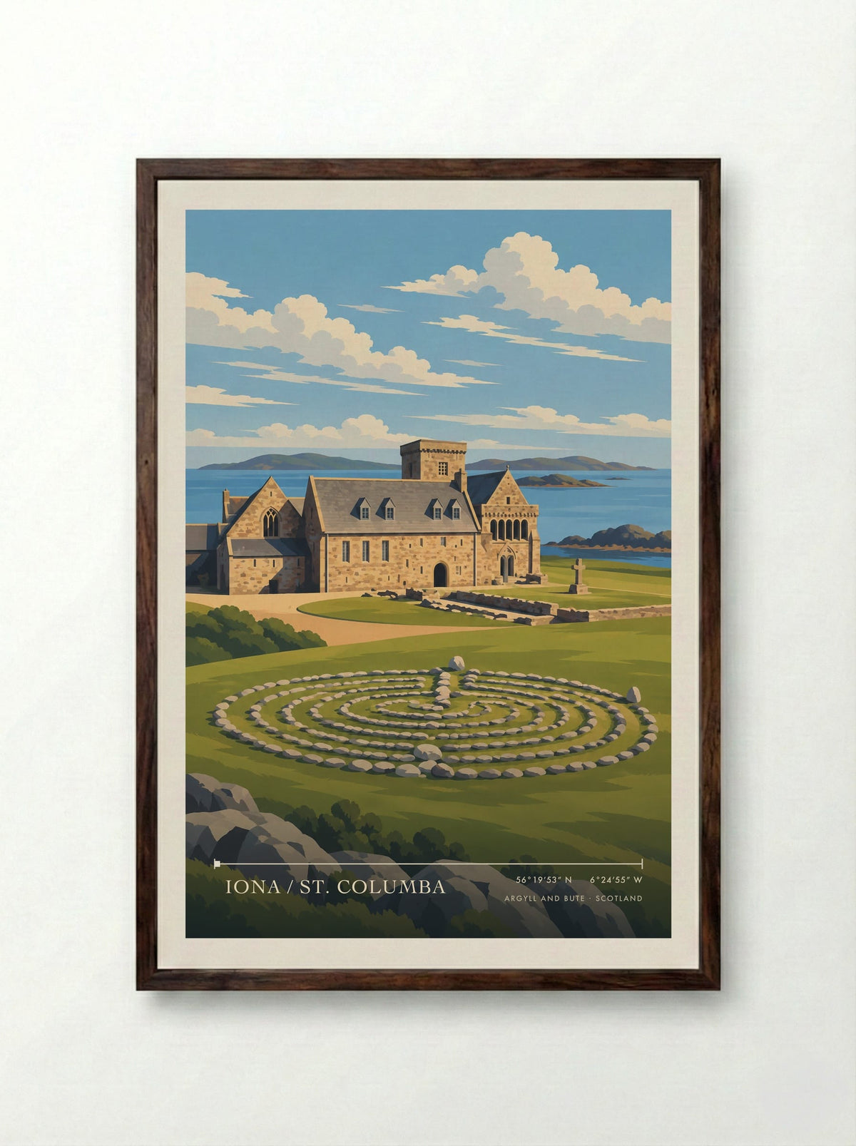 Iona / St. Columba, Argyll and Bute | Travel Poster - Framed Print Dark Wood