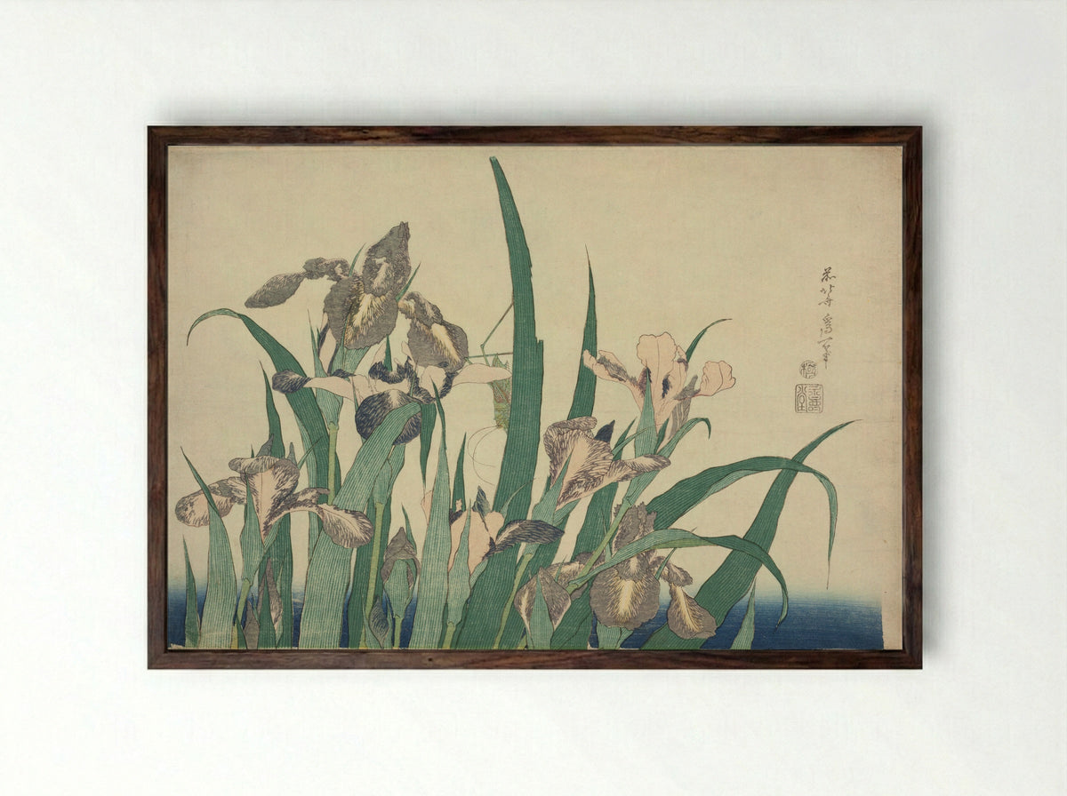 Iris and Grasshopper - Katsushika Hokusai - Framed Print Dark Wood
