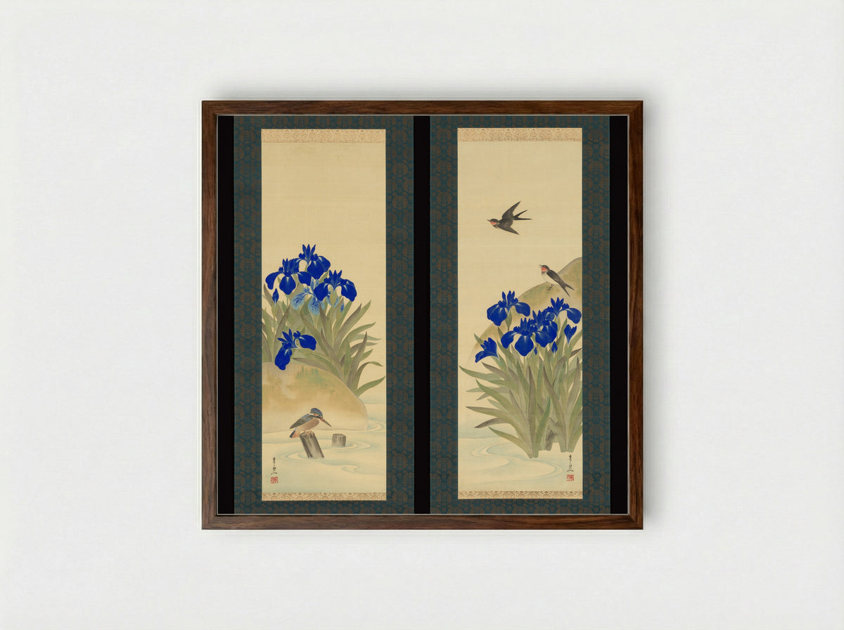 Irises and Birds - Suzuki Kiitsu - Framed Print Dark Wood
