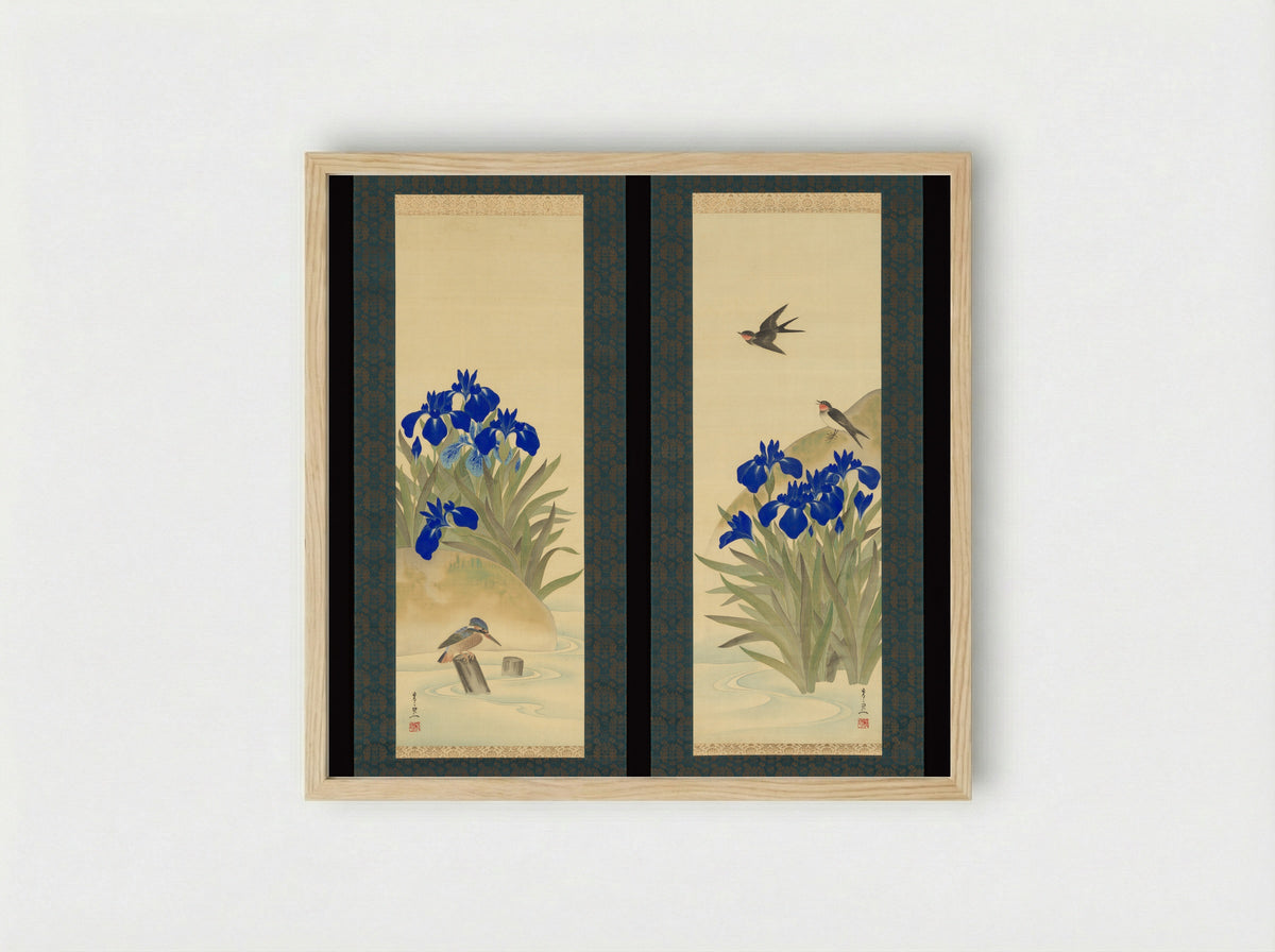 Irises and Birds - Suzuki Kiitsu - Framed Print Wood