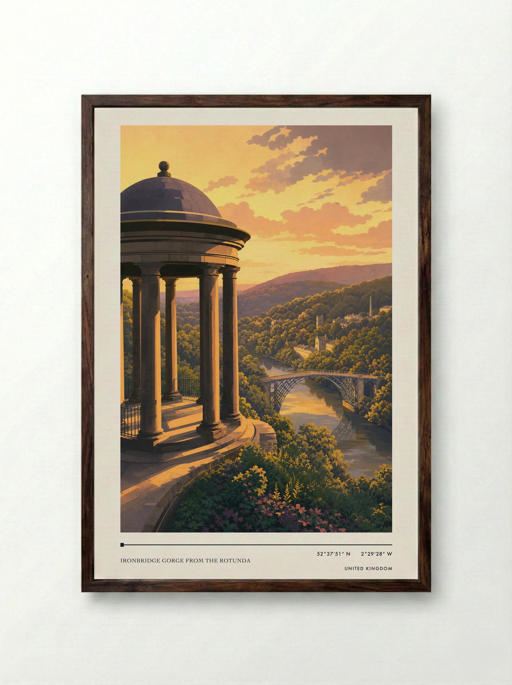 Ironbridge Gorge from the Rotunda United Kingdom Travel Poster - Framed Print Dark Wood