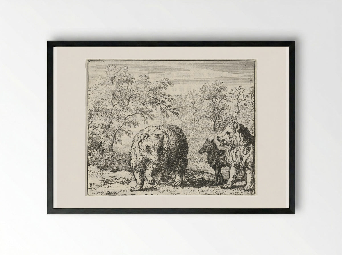 Isengrijn de wolf en Bruun de beer vrijgesproken - Allaert van Everdingen - Framed Print Black