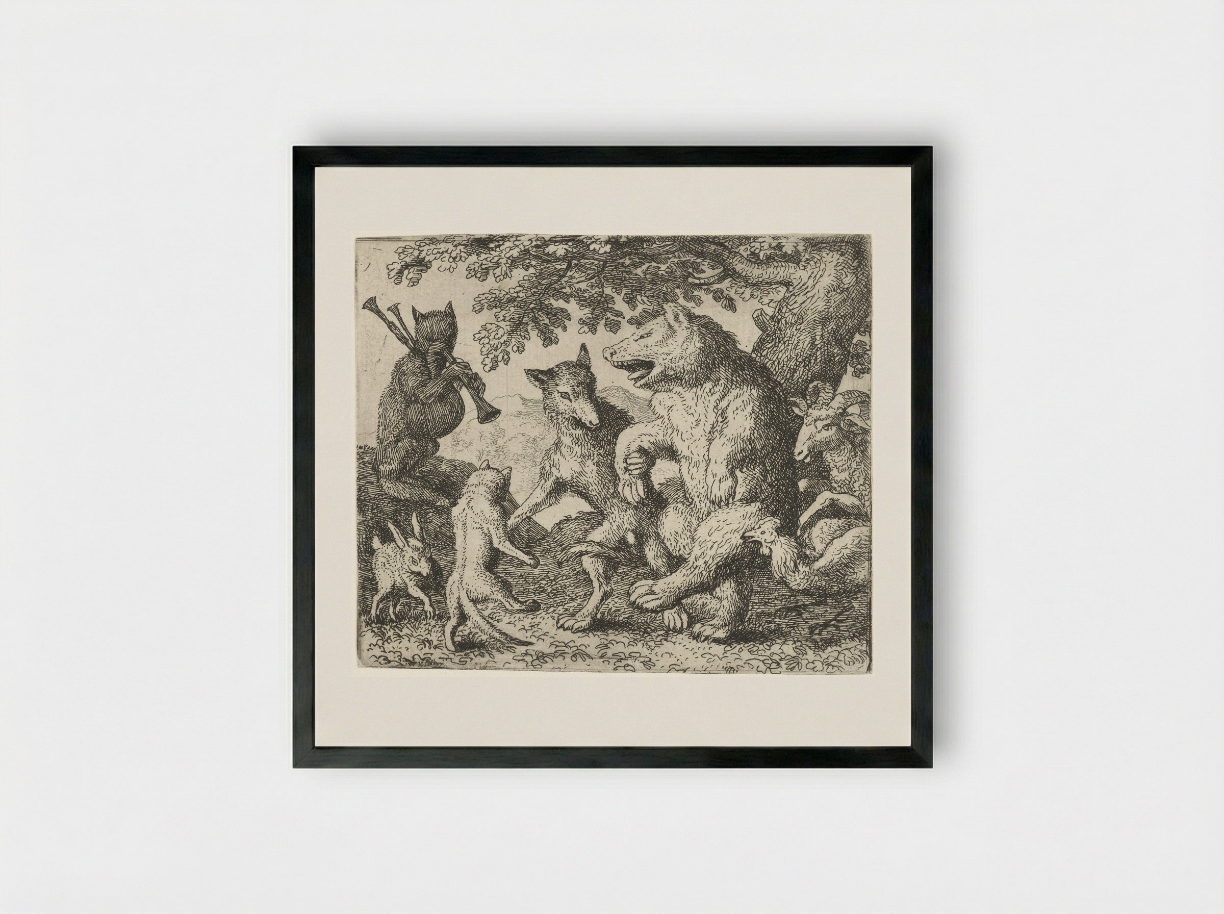 Isengrijn the Wolf and Bruin the Bear Celebrating - Allaert van Everdingen - Framed Print Black