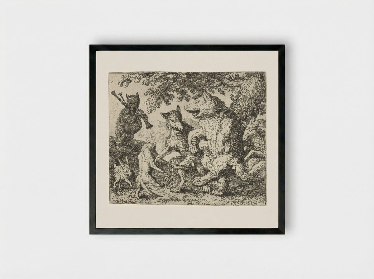 Isengrijn the Wolf and Bruin the Bear Celebrating - Allaert van Everdingen - Framed Print Black