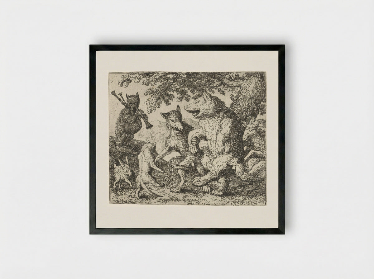 Isengrijn the Wolf and Bruin the Bear Celebrating - Allaert van Everdingen - Framed Print Black