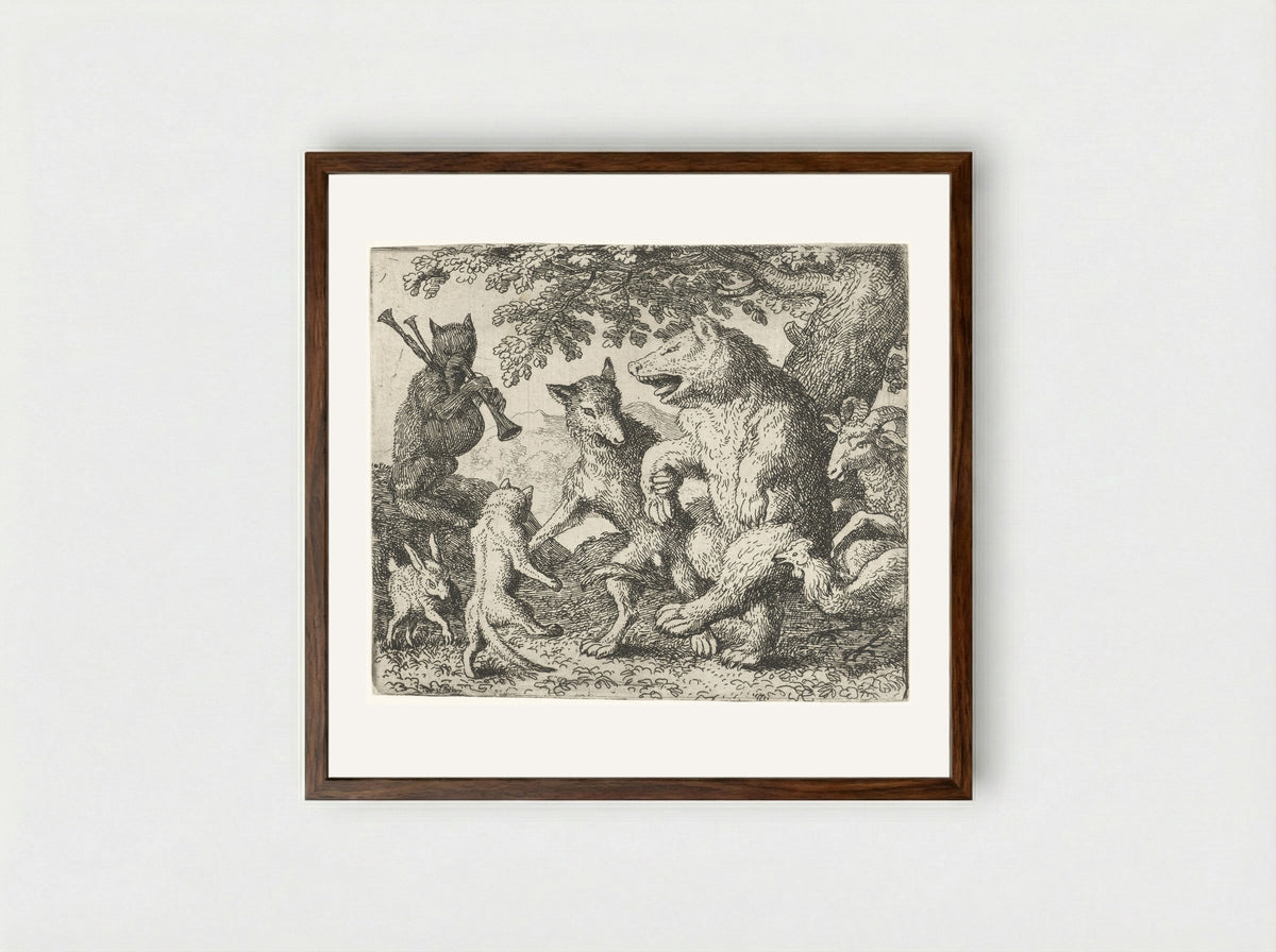 Isengrijn the Wolf and Bruin the Bear Celebrating - Allaert van Everdingen - Framed Print Dark Wood