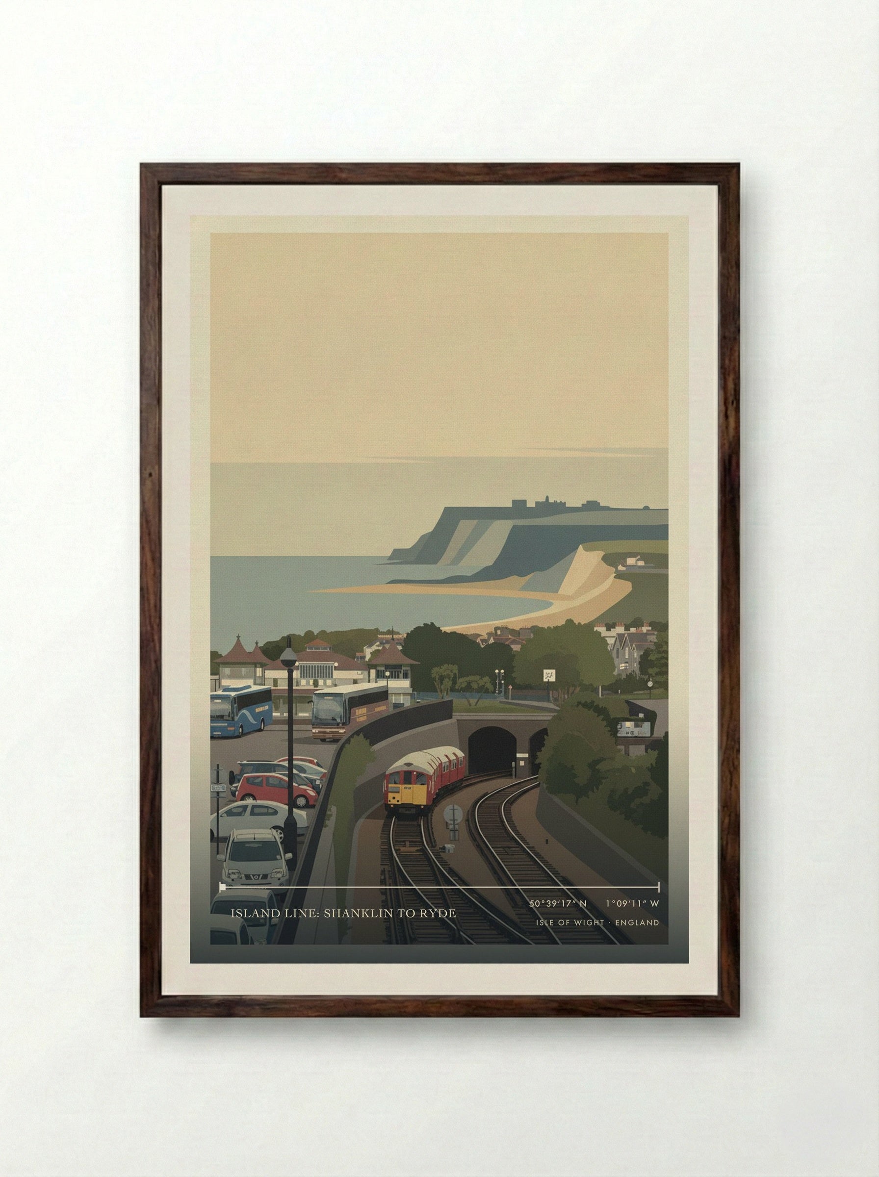 Island Line: Shanklin to Ryde Isle of Wight England Travel Poster - Framed Print Dark Wood