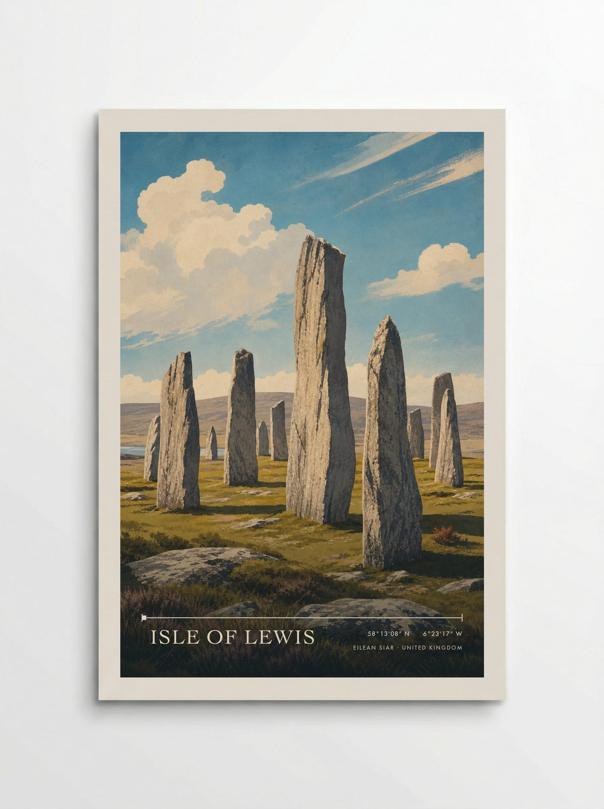 Isle of Lewis, Eilean Siar travel poster: weathered standing stones, open moorland and a bright cloud-filled sky in Eilean Siar