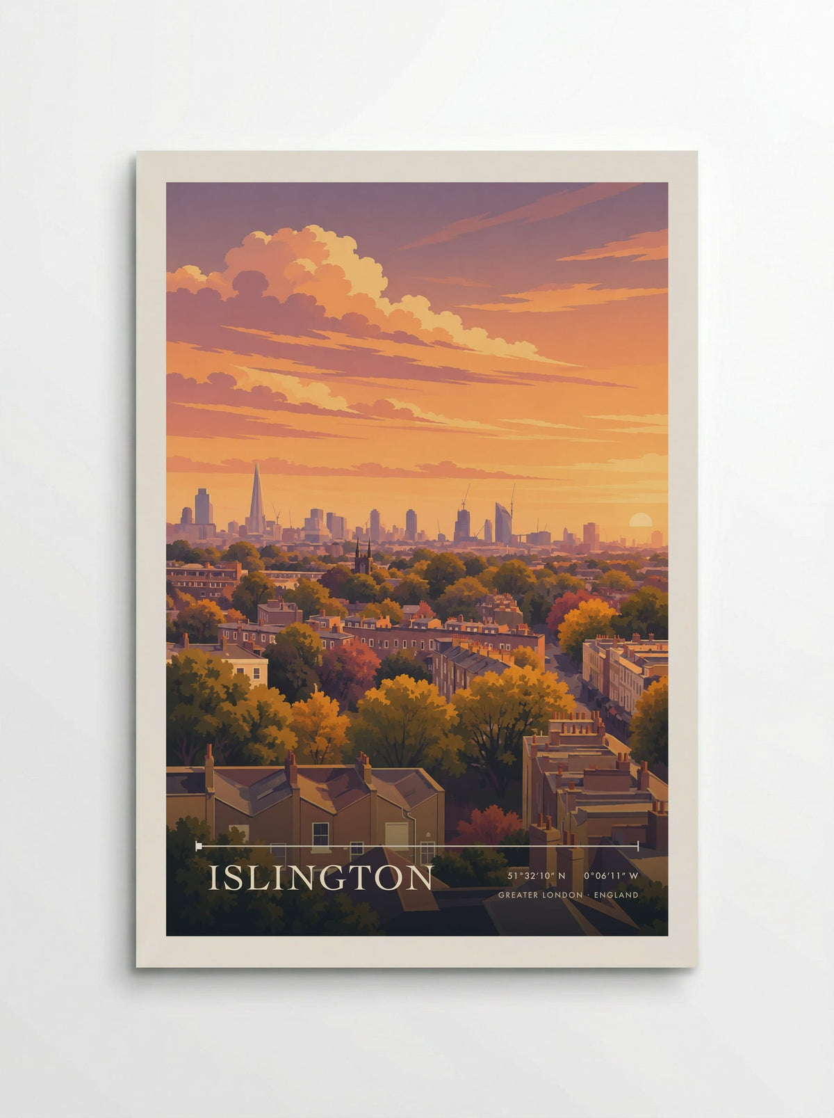 Islington, Greater London travel poster: warm brick terraces, autumn coloured trees and distant city towers beneath a glowing orange evening sky