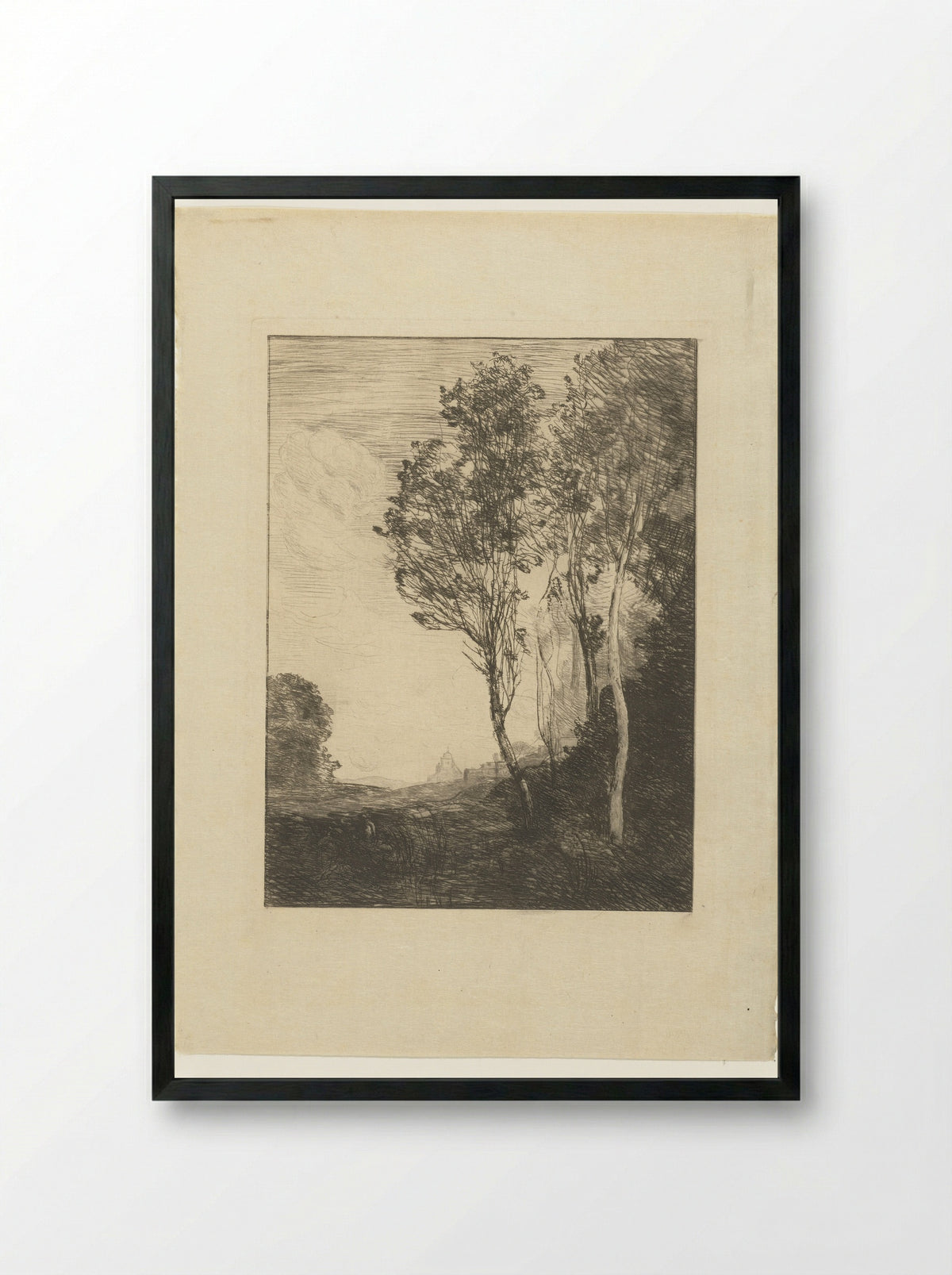 Italiaans landschap met bomen en kerk - Camille Corot - Framed Print Black