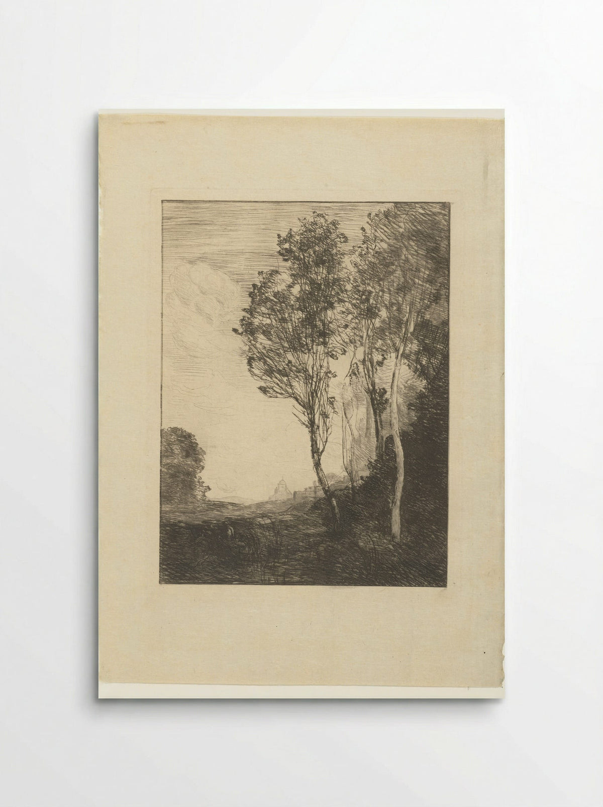 Italiaans landschap met bomen en kerk - Camille Corot - Poster