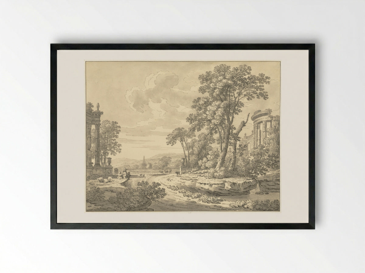 Italiaans landschap met ruïnes - Johann Heinrich Müntz - Framed Print Black